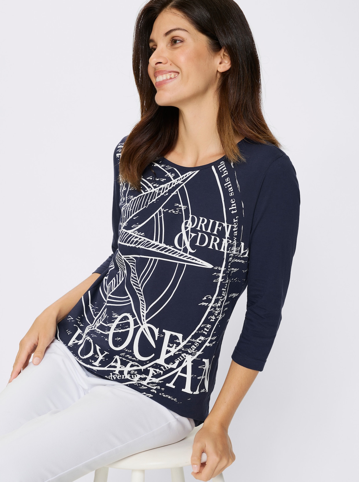 3/4-Arm-Shirt - marine-weiß