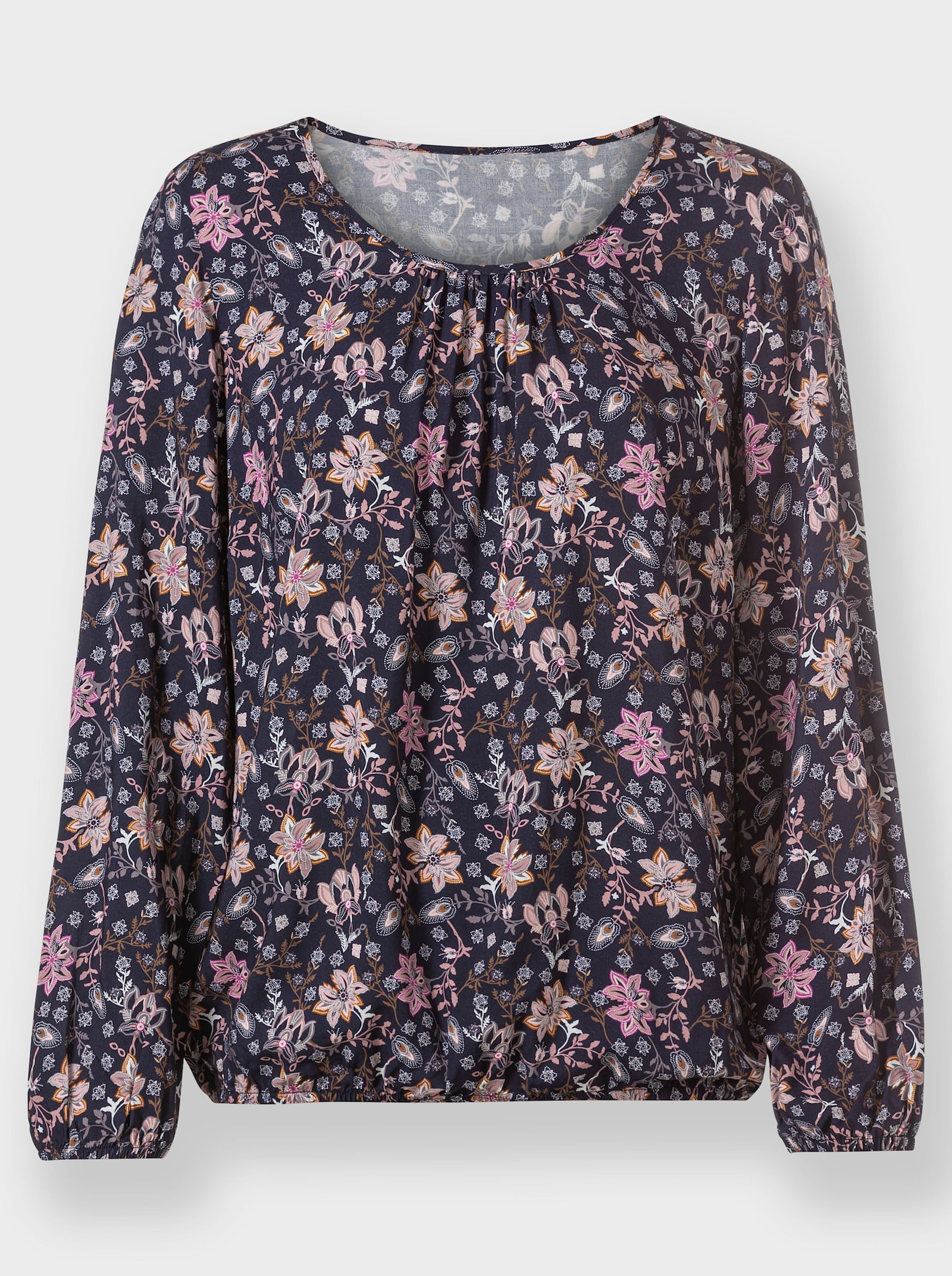 Schlupfbluse in Blüten-Dessin - marine-rosenquarz-bedruckt