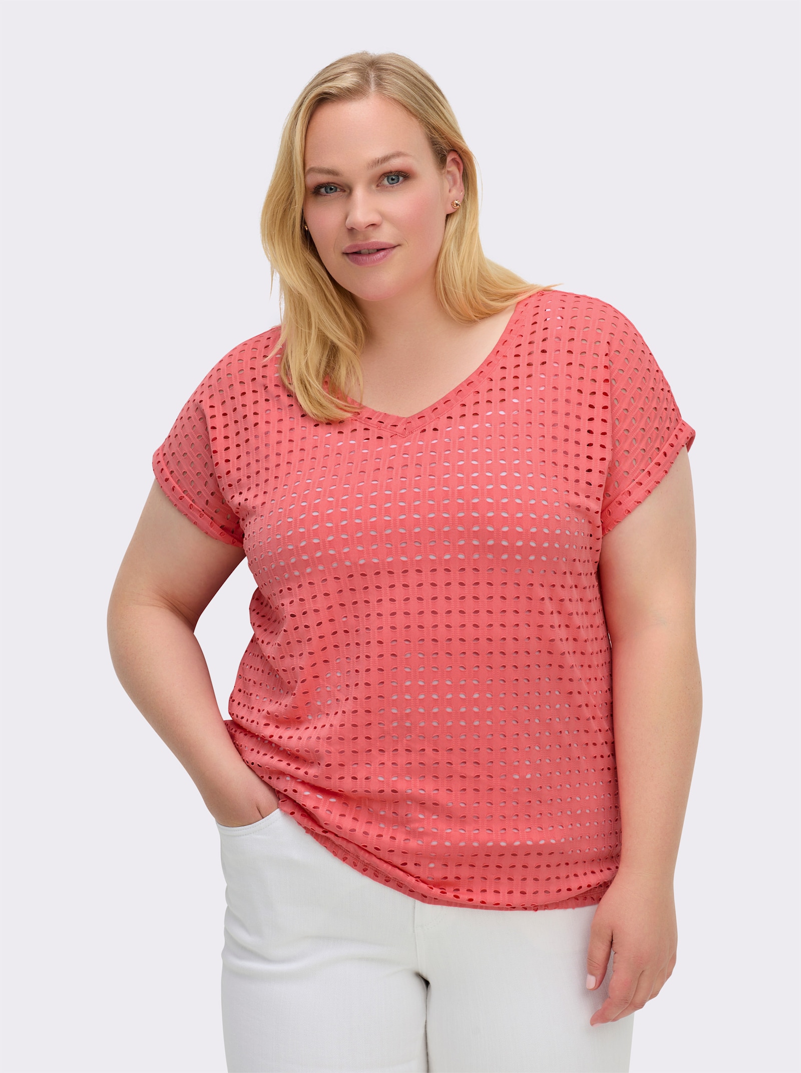 Kurzarmshirt mit Lochmuster - koralle