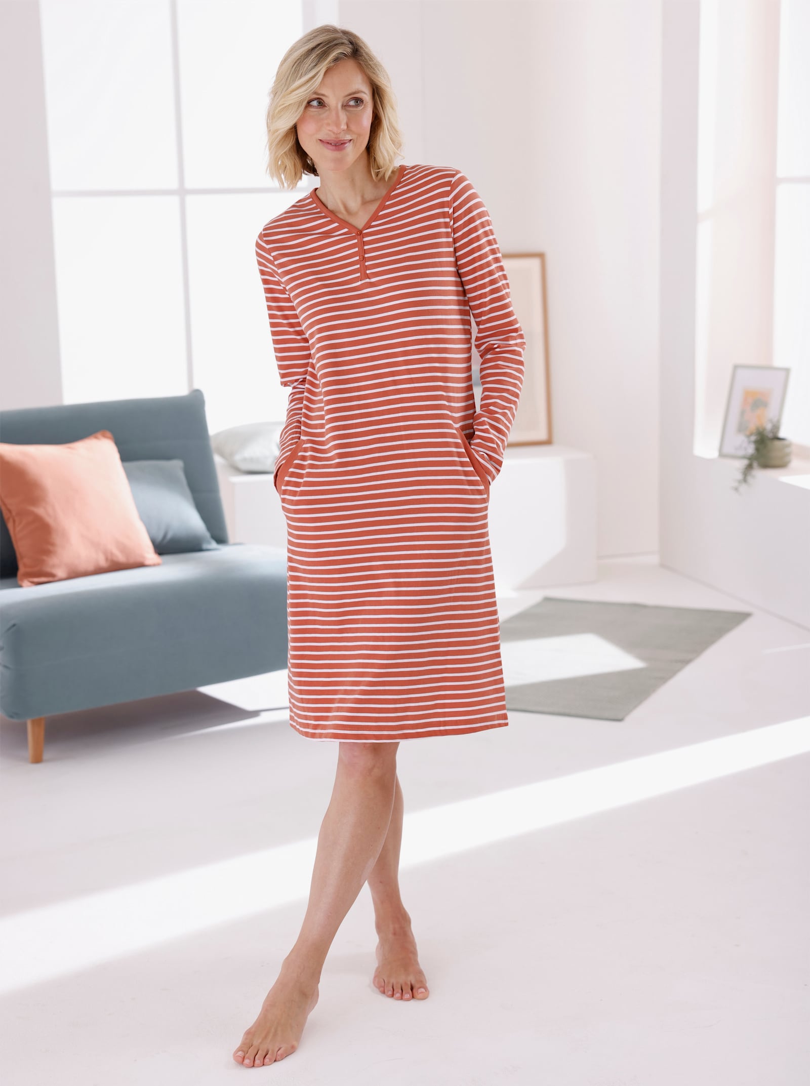 wäschepur Sleepshirt mit 2 Taschen - papaya-weiß-geringelt