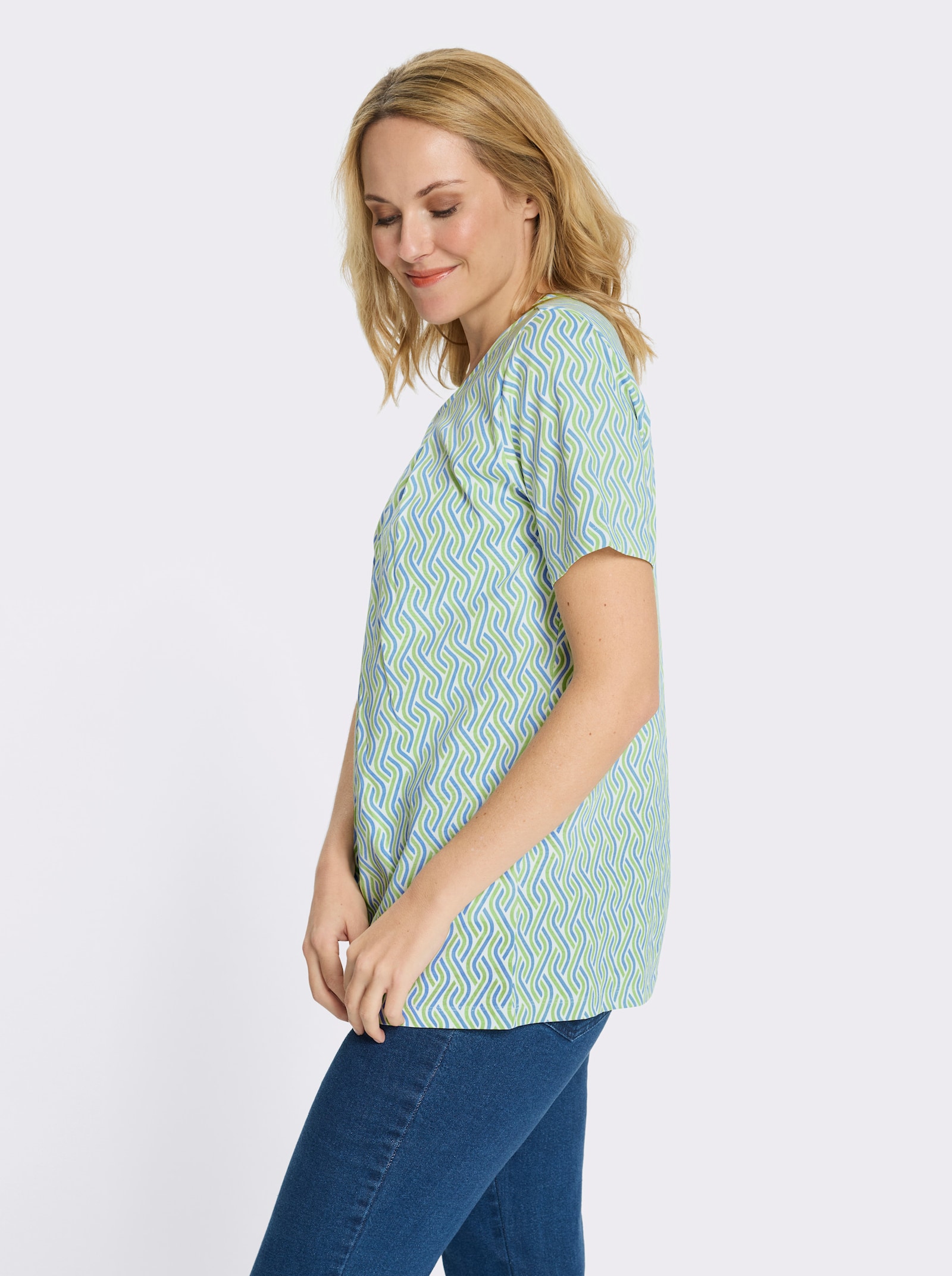 Longshirt in A-Linie - himmelblau-reseda-bedruckt