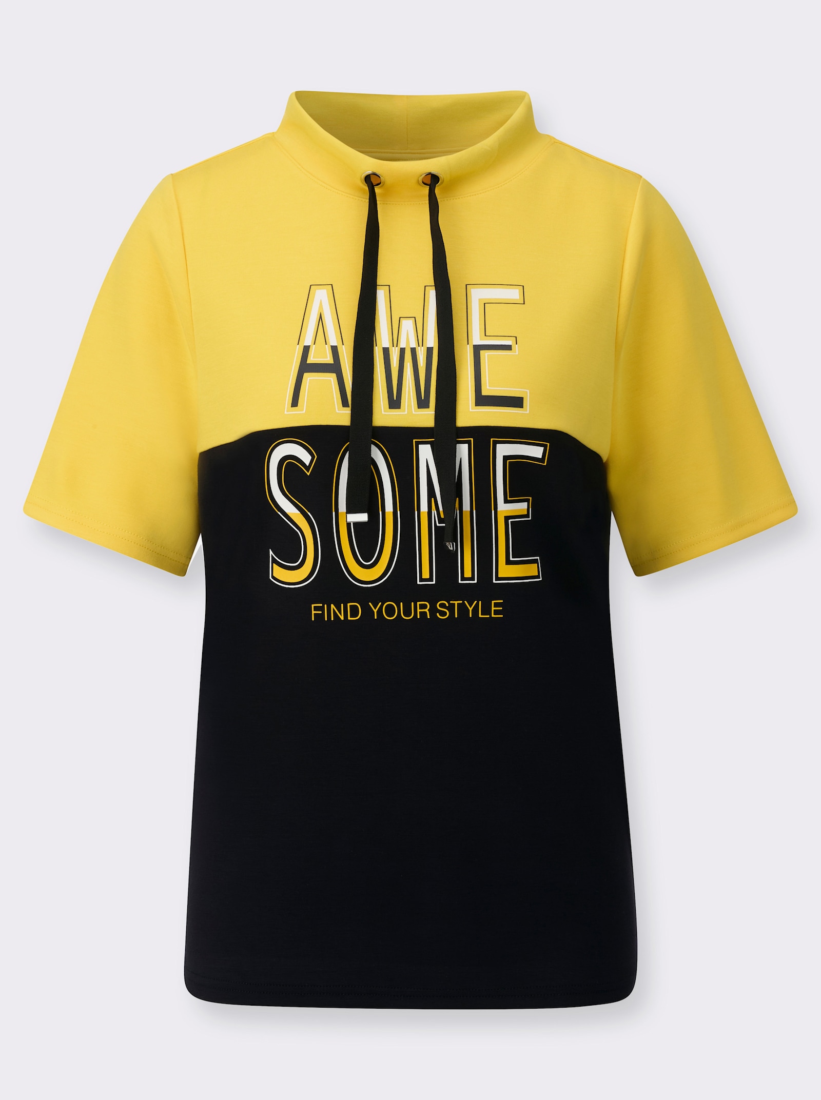 Stehkragenshirt mit Lettering-Druck - sonnengelb-schwarz
