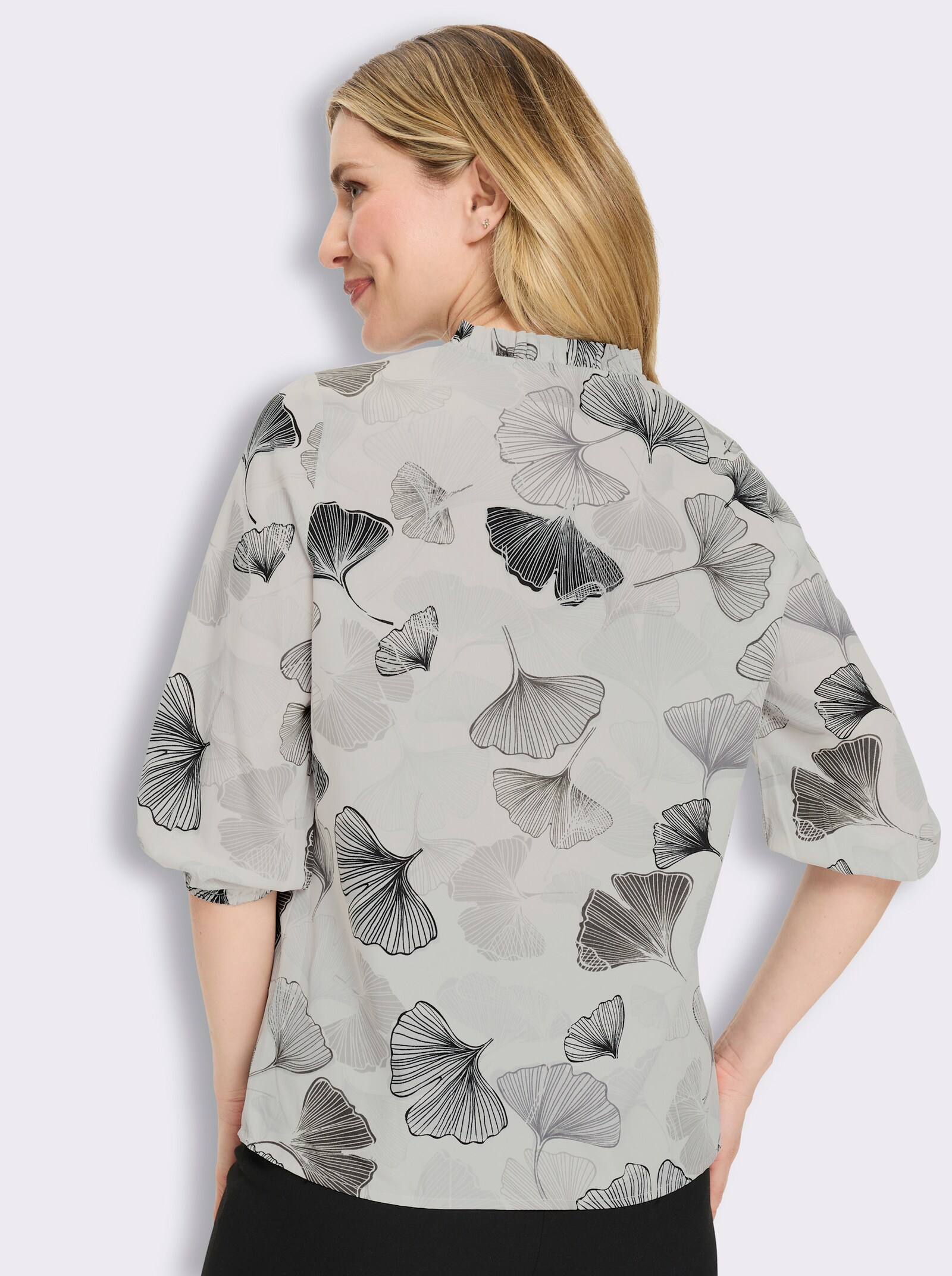 Schlupfbluse mit Ginkgo-Muster, pflegeleicht - hellgrau-schwarz-bedruckt