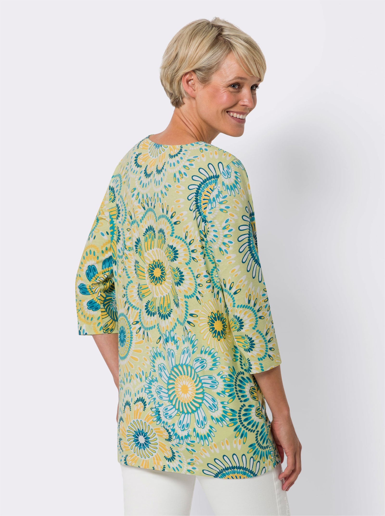 Longshirt in leichter A-Linie - pistazie-türkis-bedruckt