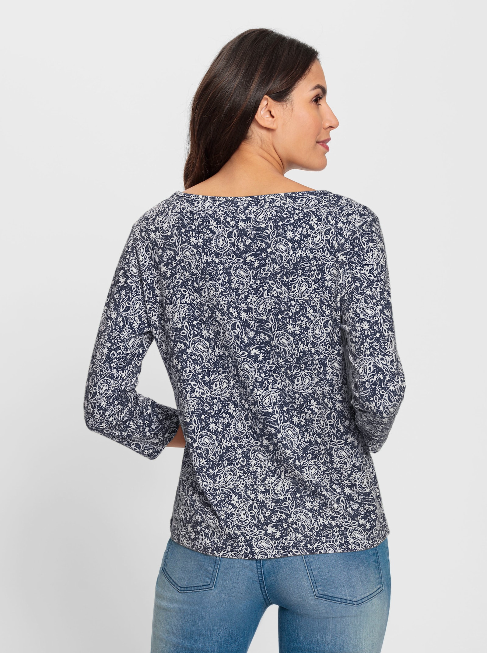 Print-Shirt mit Ausschnitt mit Schlitz - marine-bedruckt