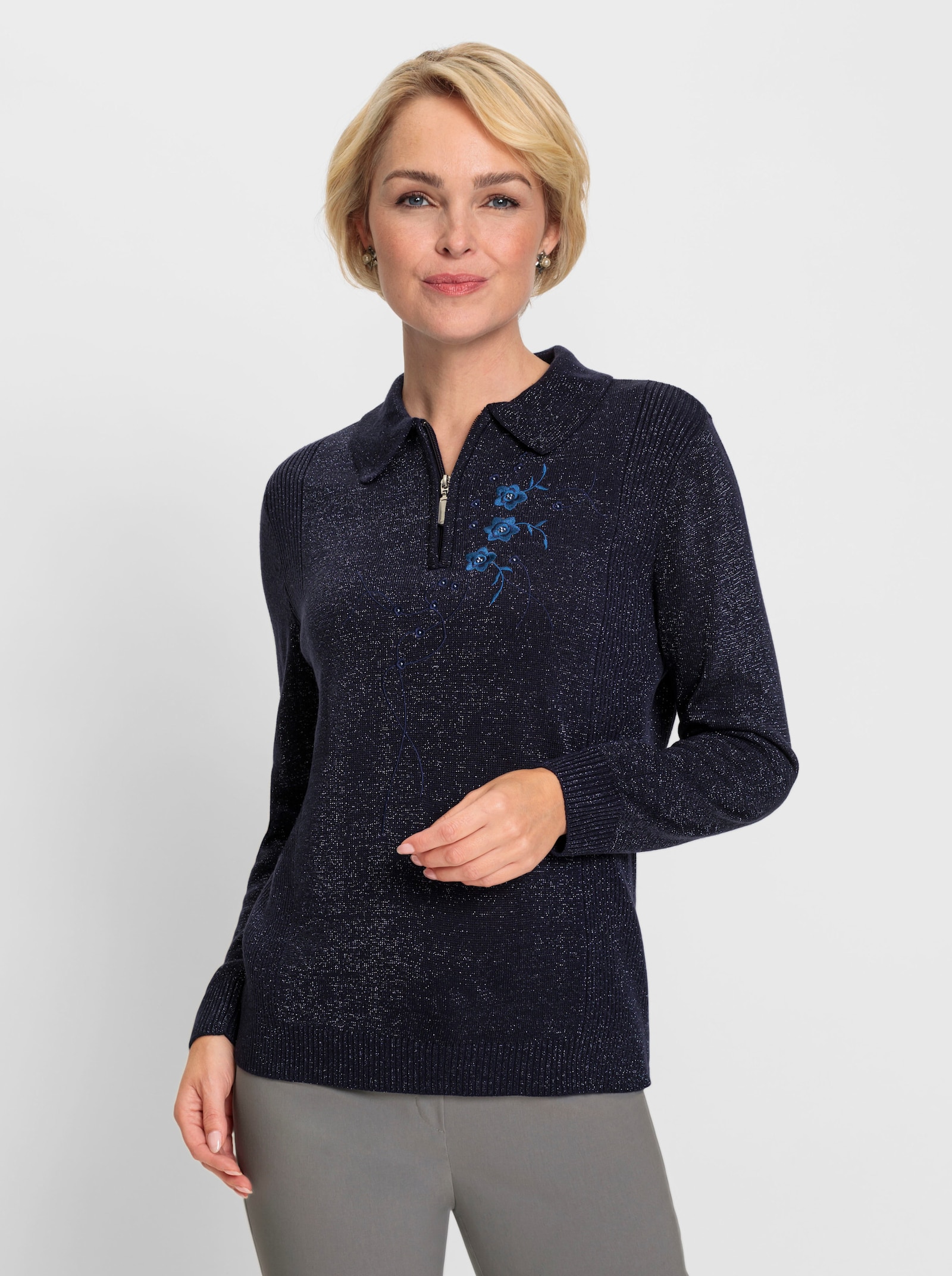 Polopullover mit Blumen-Stickerei - marine-meliert