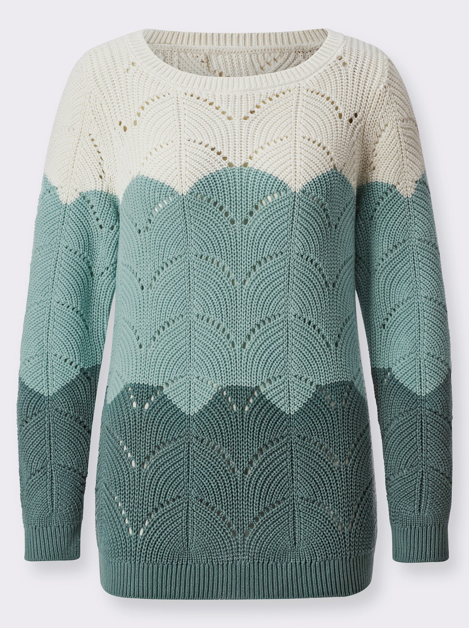 Ajourpullover mit Streifen-Dessin - jade-ecru-gemustert