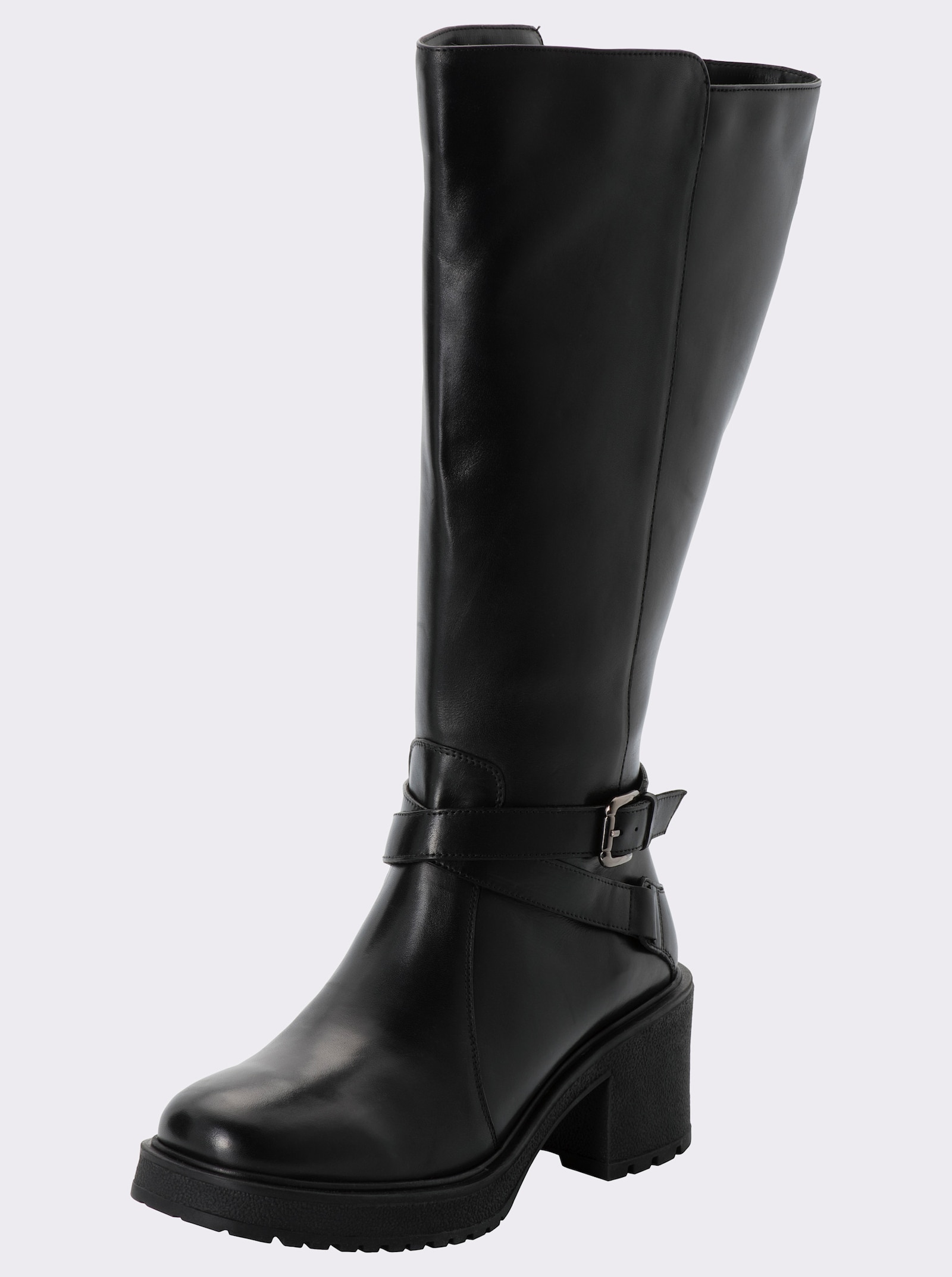 sheego Weitschaftstiefel mit Zierband und Plateausohle - schwarz