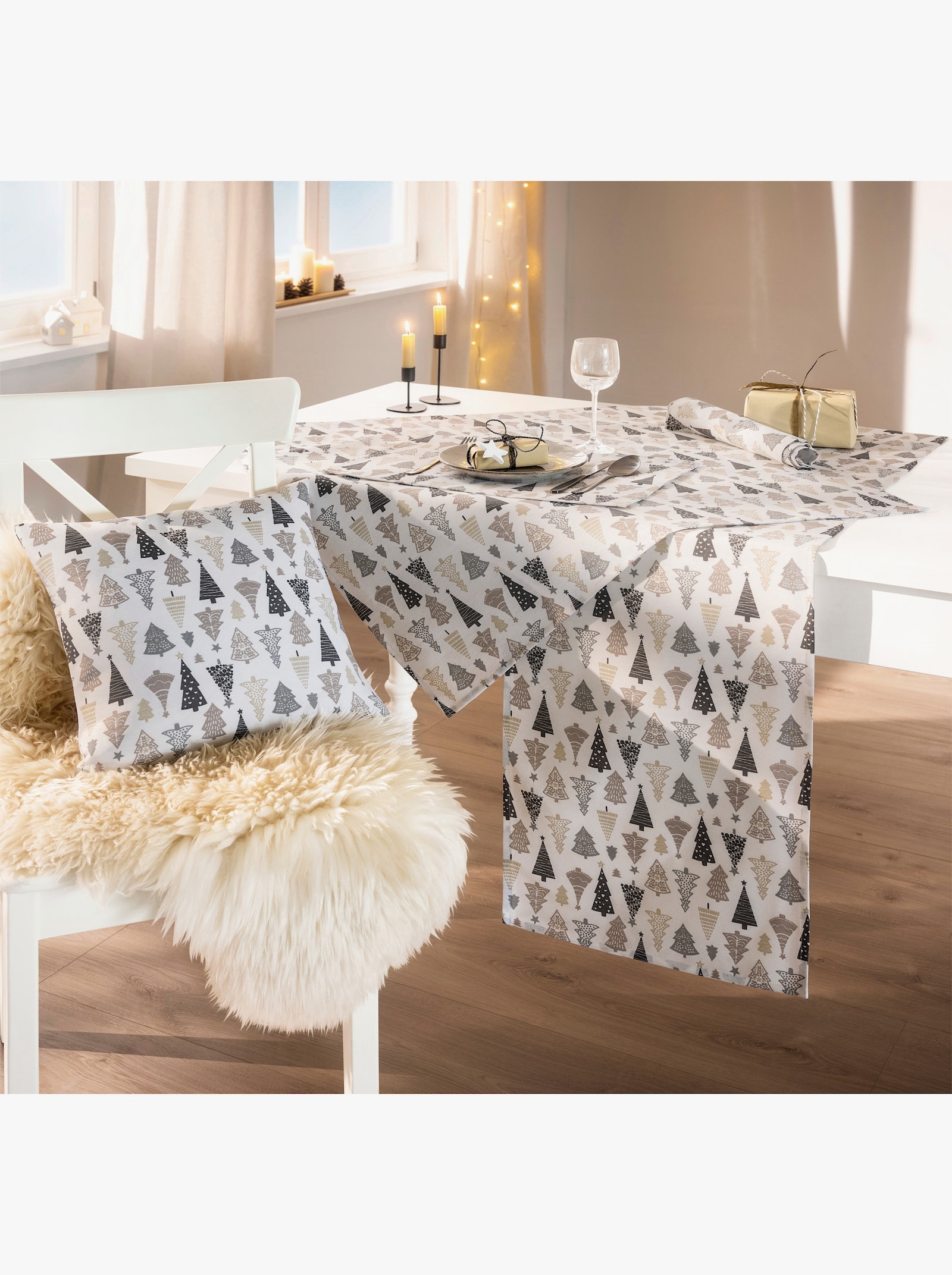 Tischwäsche - ecru-grau-bedruckt