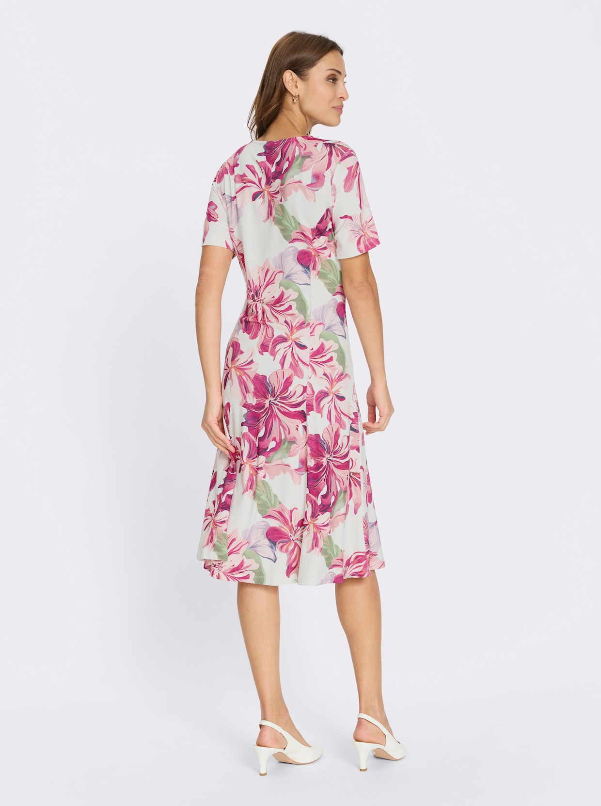 Jerseykleid - ecru-magenta-bedruckt