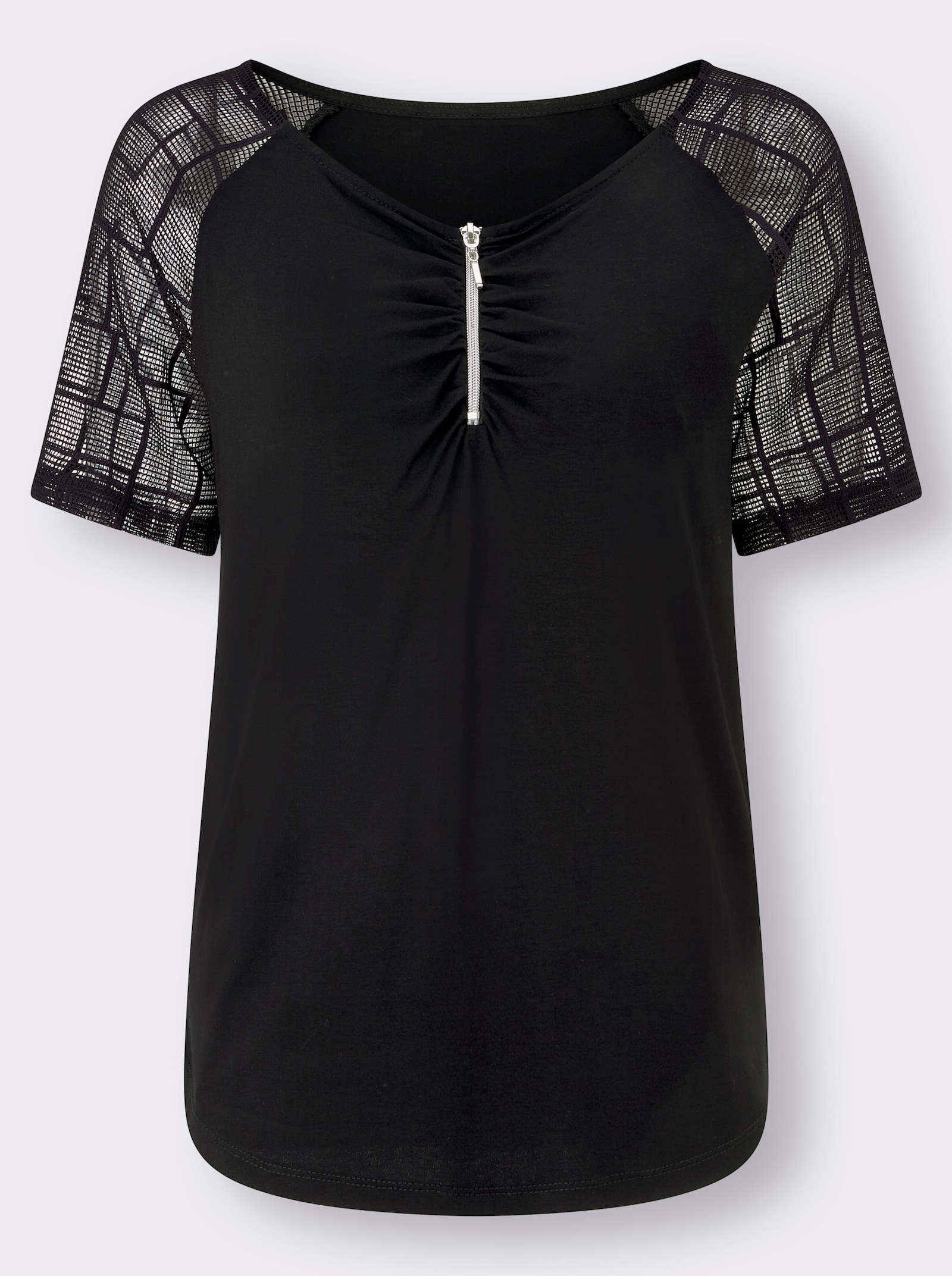 Spitzenshirt mit transparenten Ärmeln - schwarz