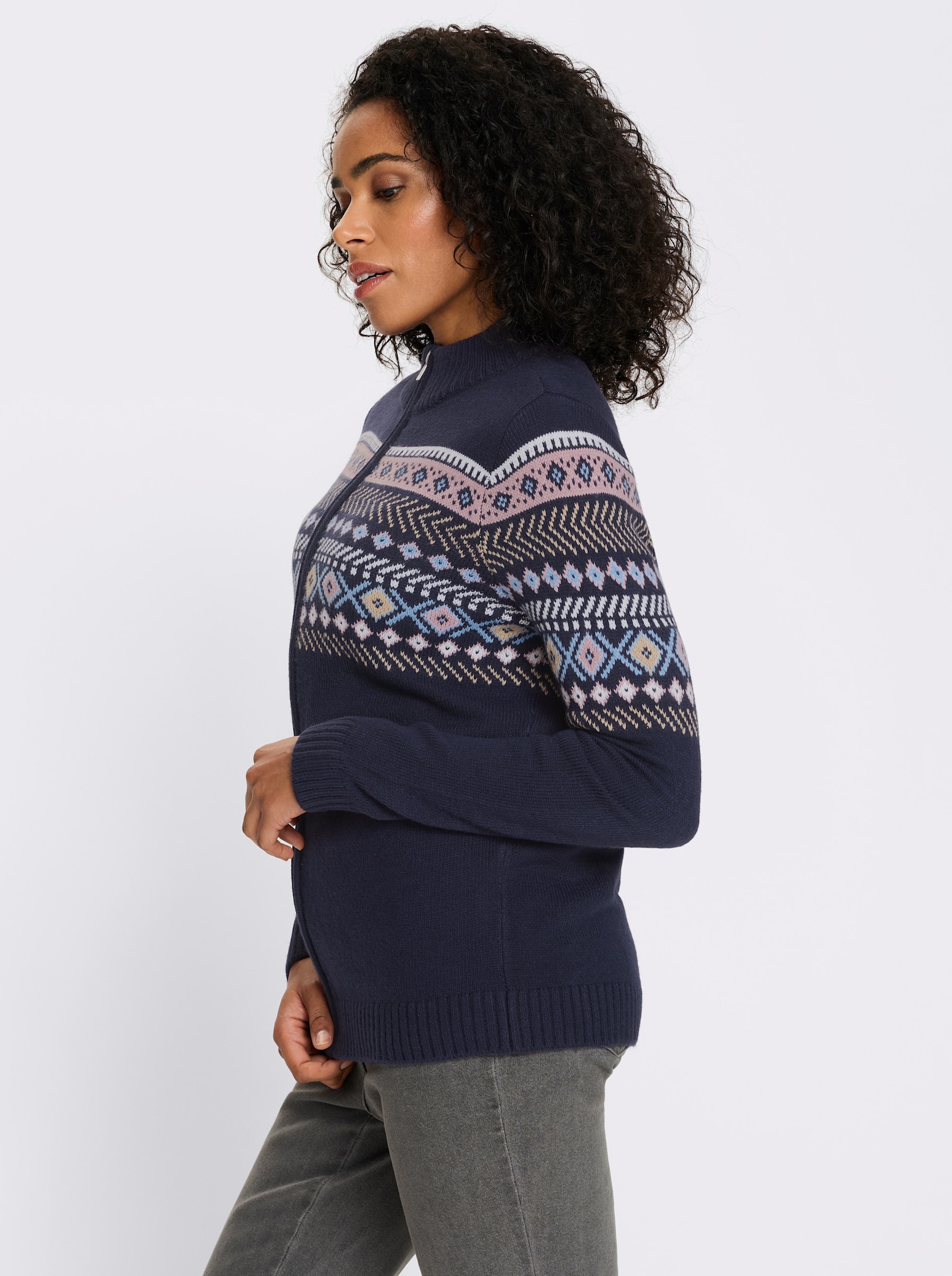 Jacquardstrickjacke mit durchgehendem Reissverschluss - marine-mauve-gemustert