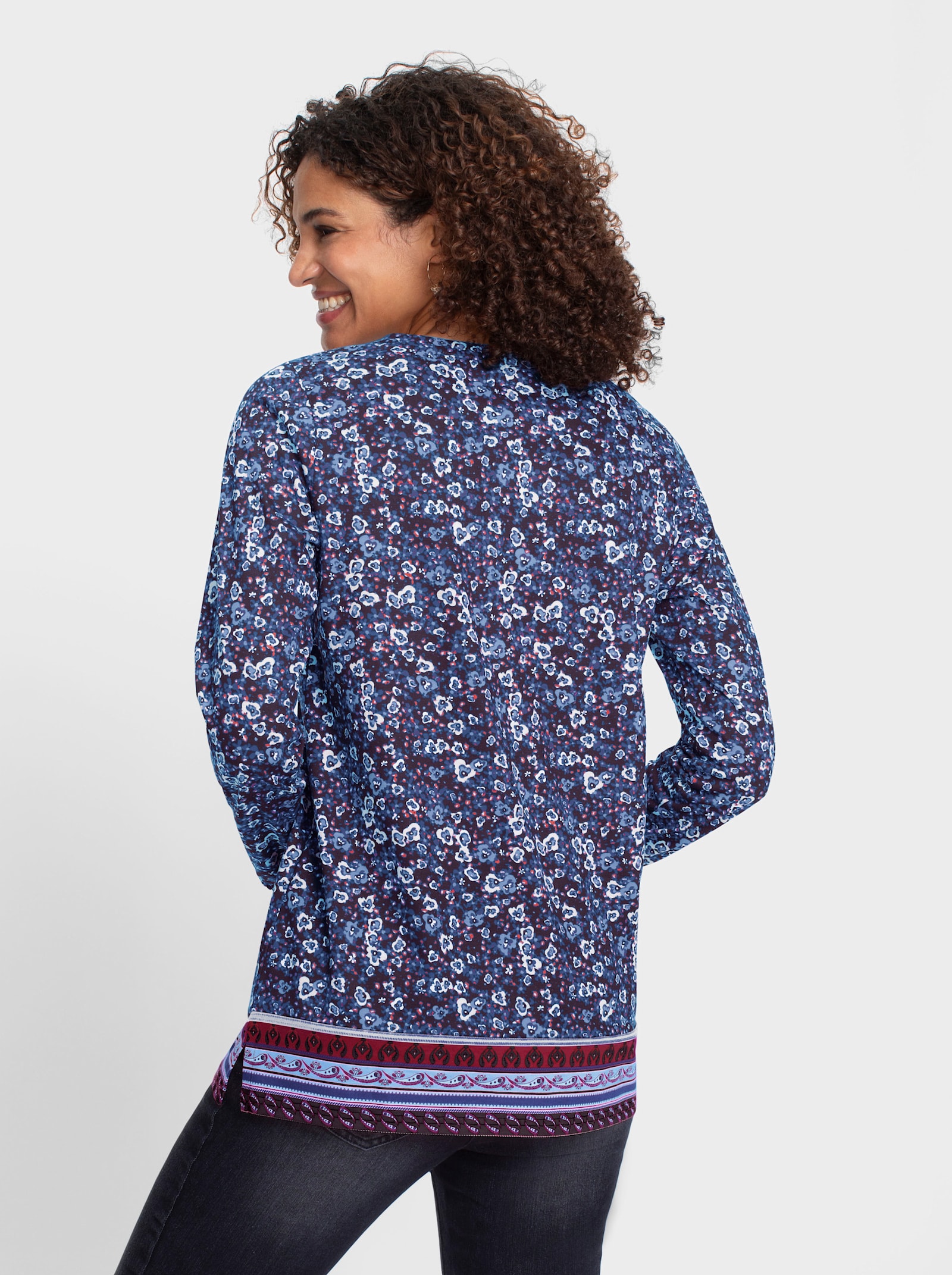 Shirt met lange mouwen en sierrandprint, gebloemd - marine/hemelsblauw gedessineerd