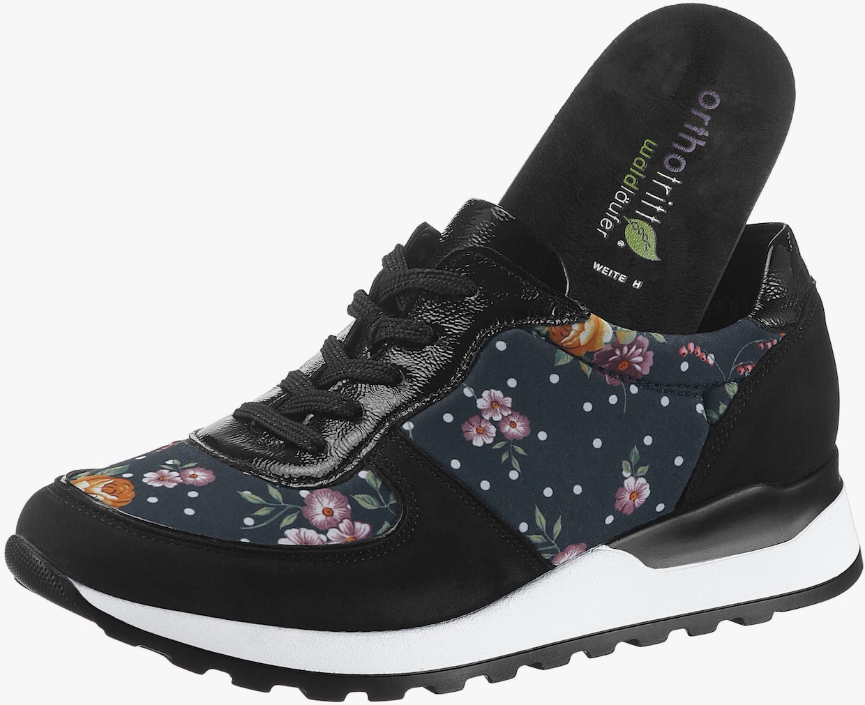 Waldläufer Schnürschuh - schwarz-geblümt