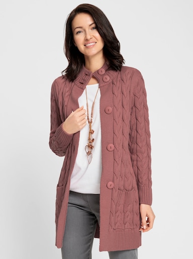 Longstrickjacke mit Zopfmuster - rosenholz