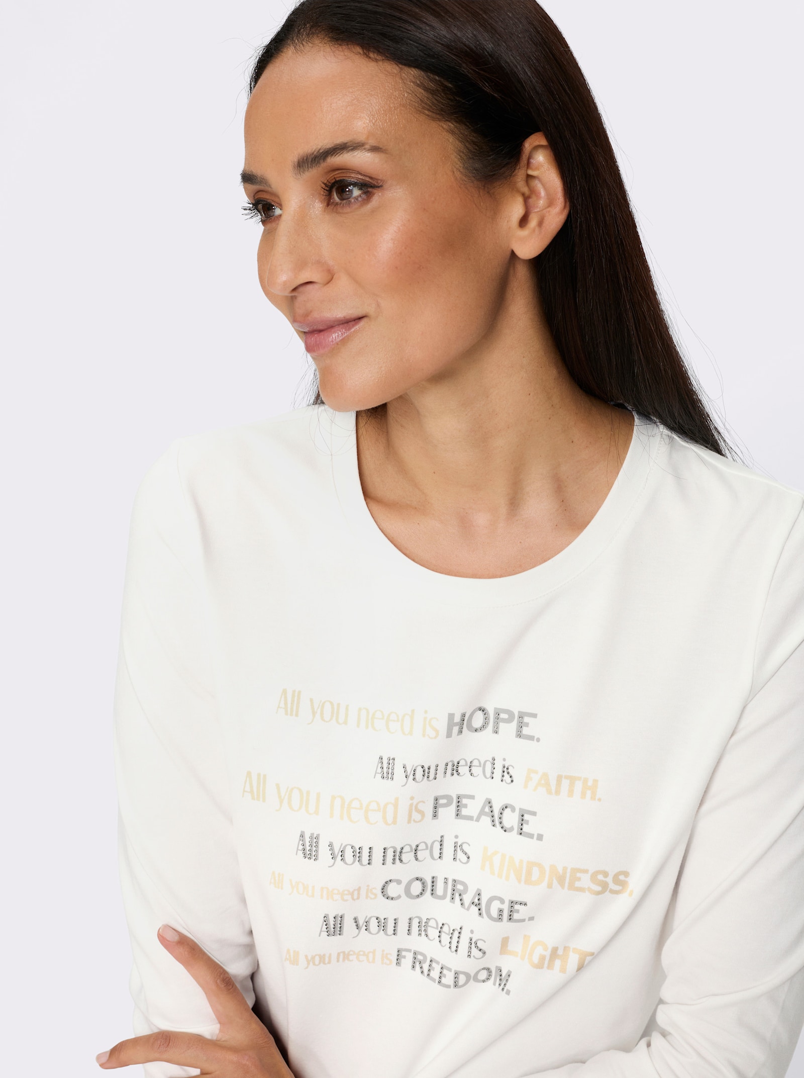 heine Langarmshirt Mit Ziersteinchen - ecru-steingrau-gemustert