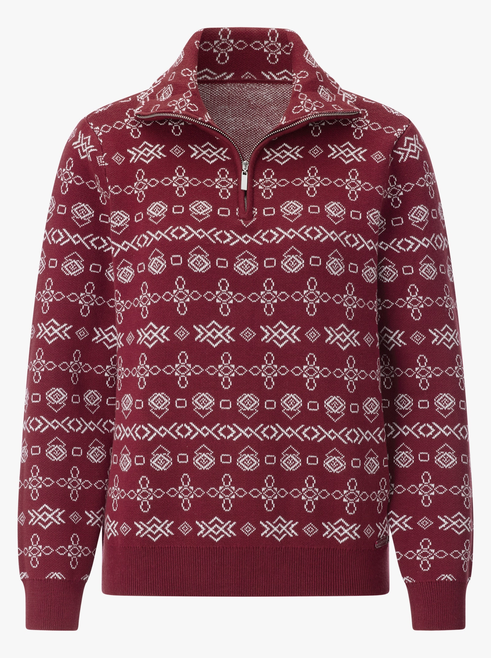 Jacquard-Pullover mit geripptem Saum - dunkelrot-ecru-gemustert