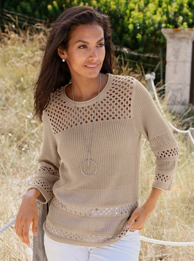 Ajourpullover mit Rollkanten - beige