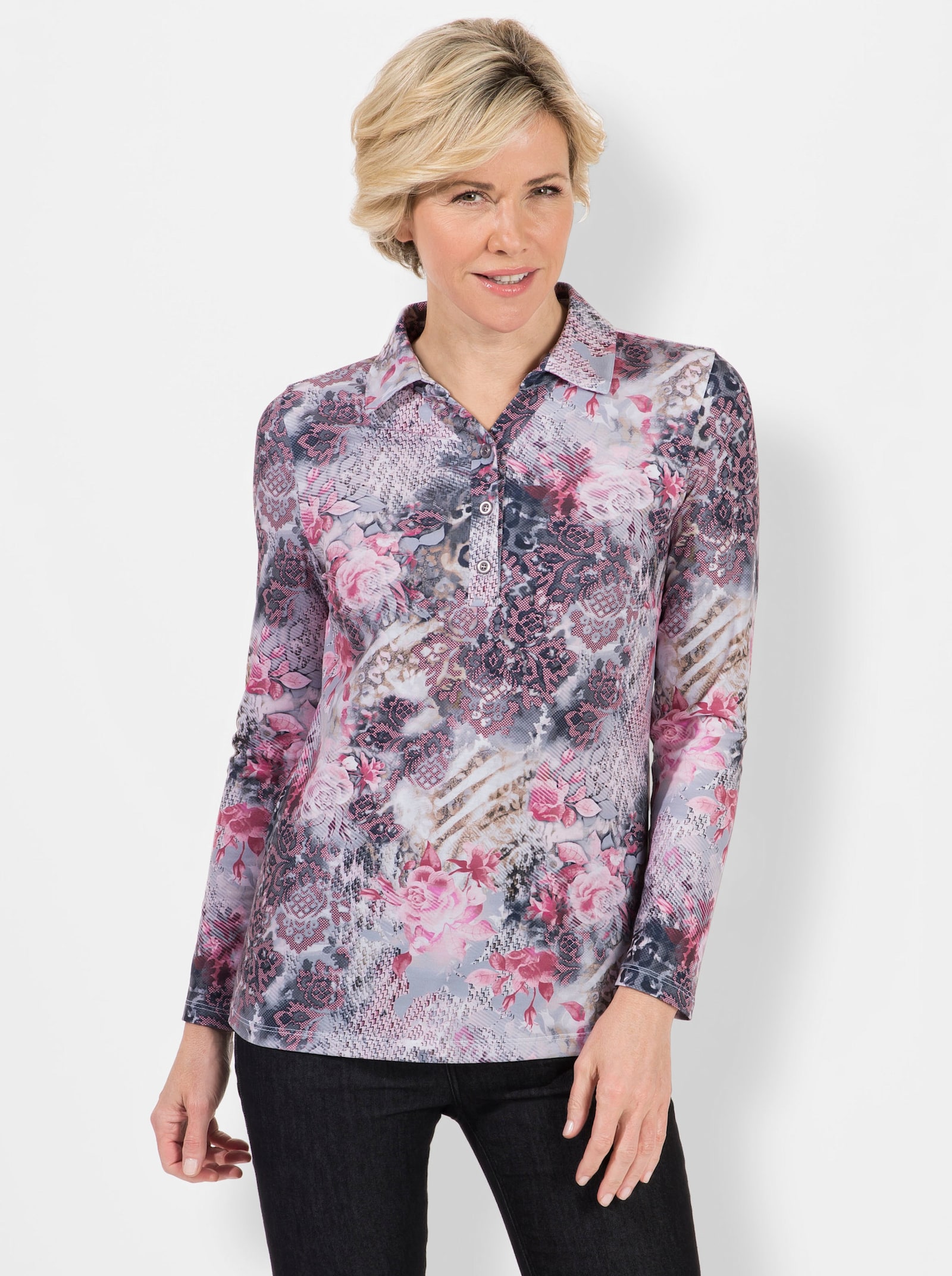 Poloshirt in Single-Jersey-Qualität - steingrau-altrosé-bedruckt