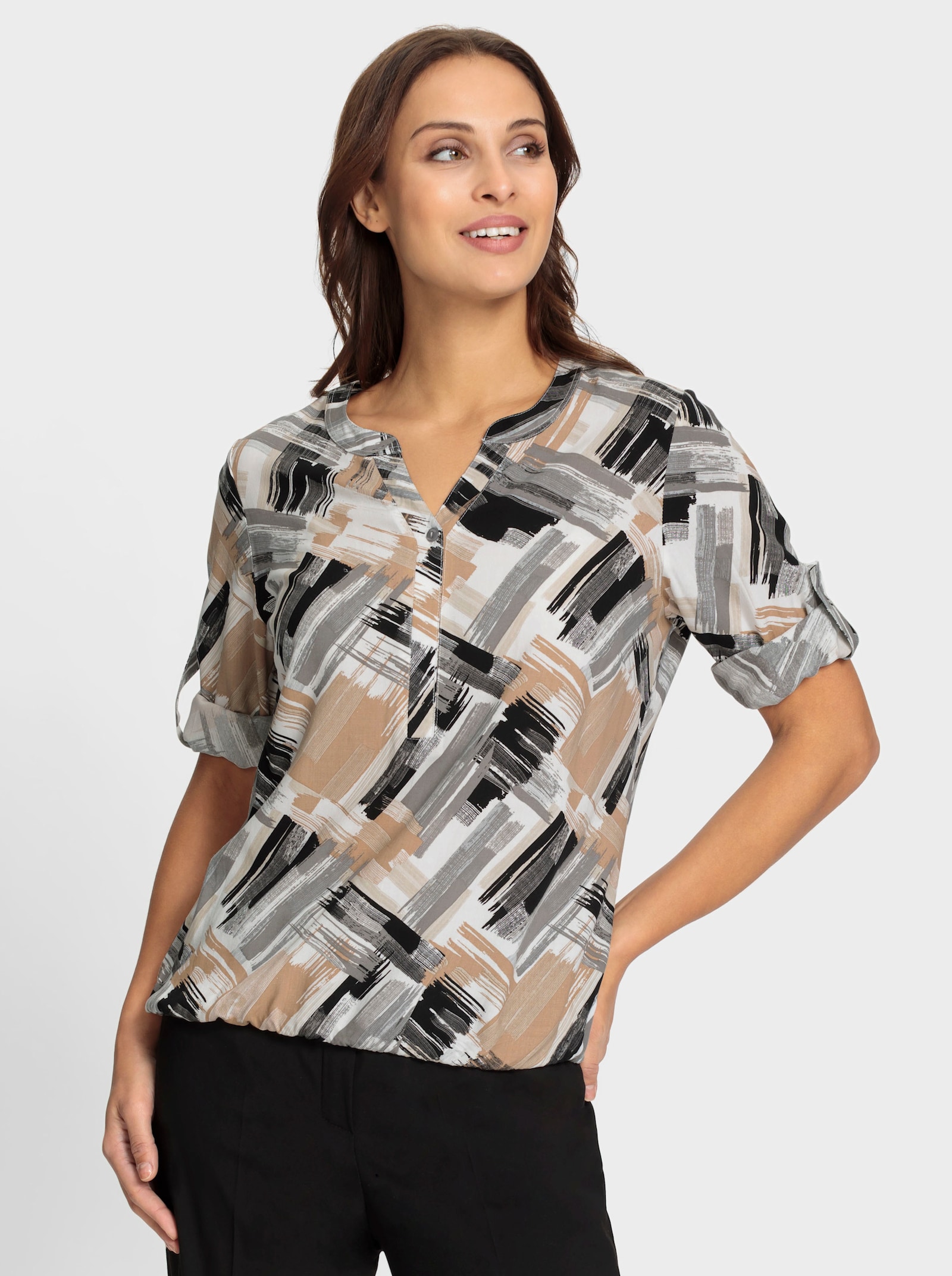 Schlupfbluse mit elastischem Saum - ecru-schwarz-bedruckt