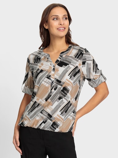 Schlupfbluse mit elastischem Saum - ecru-schwarz-bedruckt