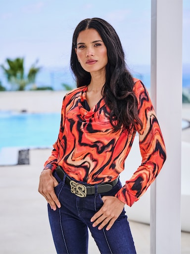 heine Druckbluse - orange-schwarz-bedruckt