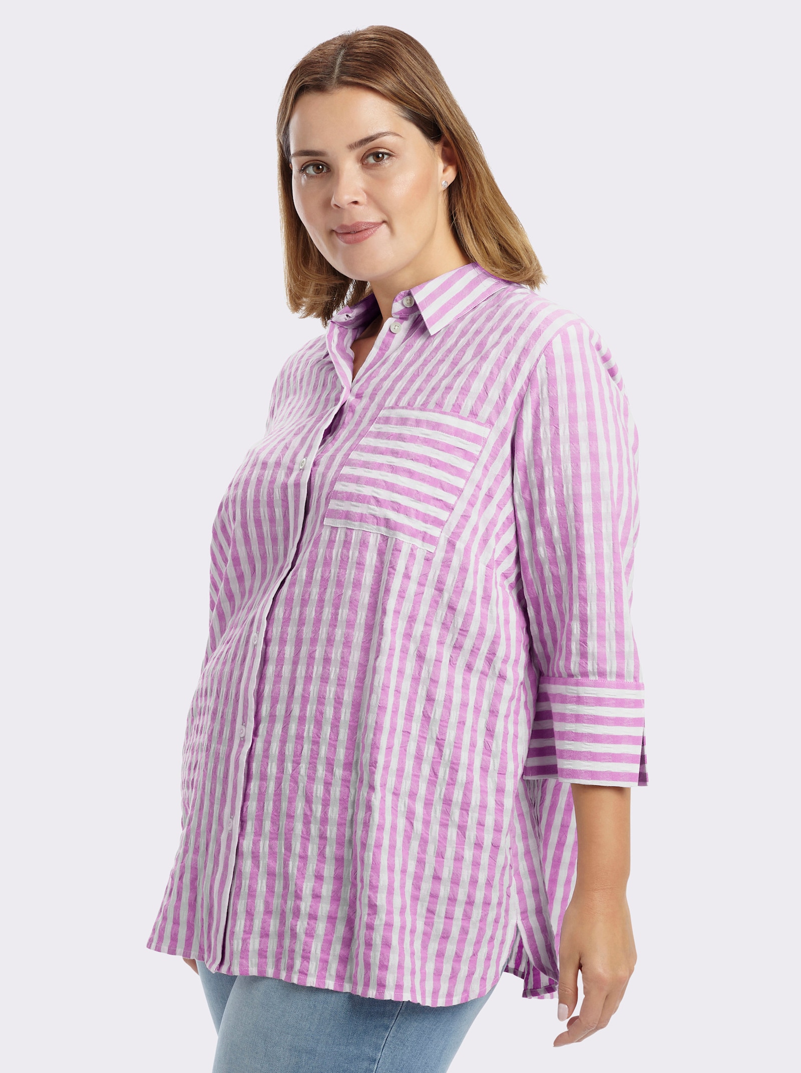 sheego Gestreifte Bluse mit 3/4-Ärmeln - orchidee-weiss-gestreift