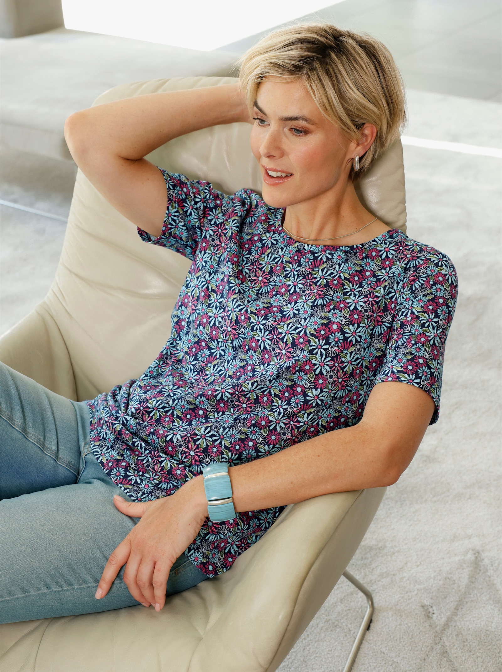 Print-Shirt aus reiner Baumwolle - marine-aquamarin-bedruckt