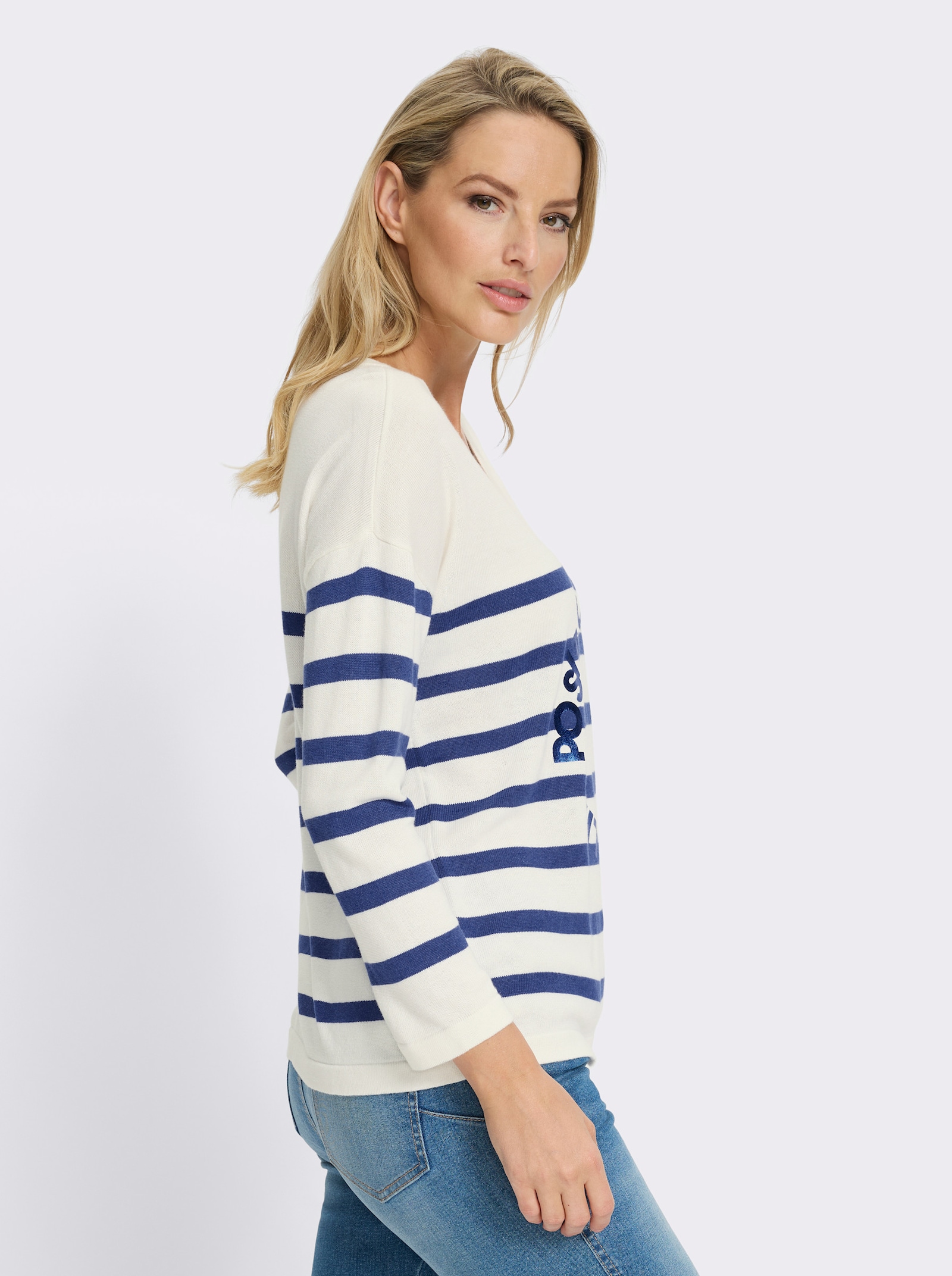 heine Pullover van fijntricot met streepjesdessin - koningsblauw/ecru gedessineerd