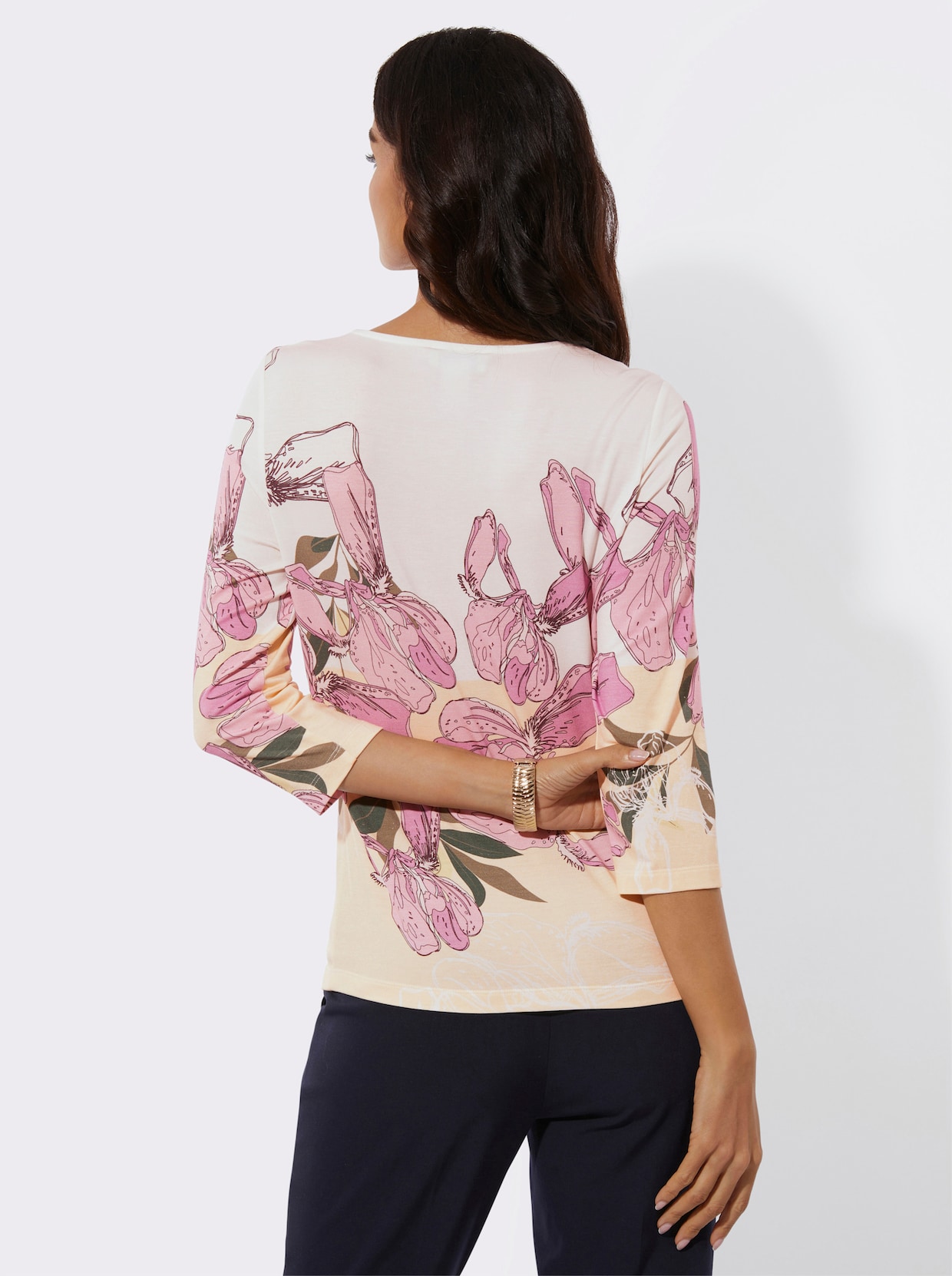 3/4-Arm-Shirt mit Wellenkante am Ausschnitt - ecru-orchidee-bedruckt
