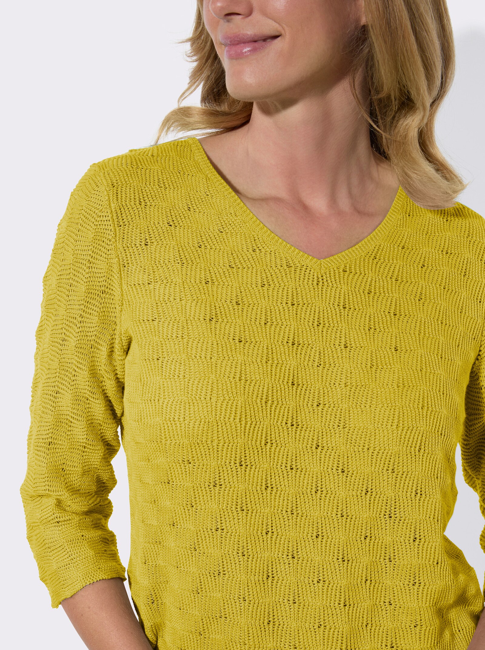 Ajourpullover mit V-Ausschnitt - limone