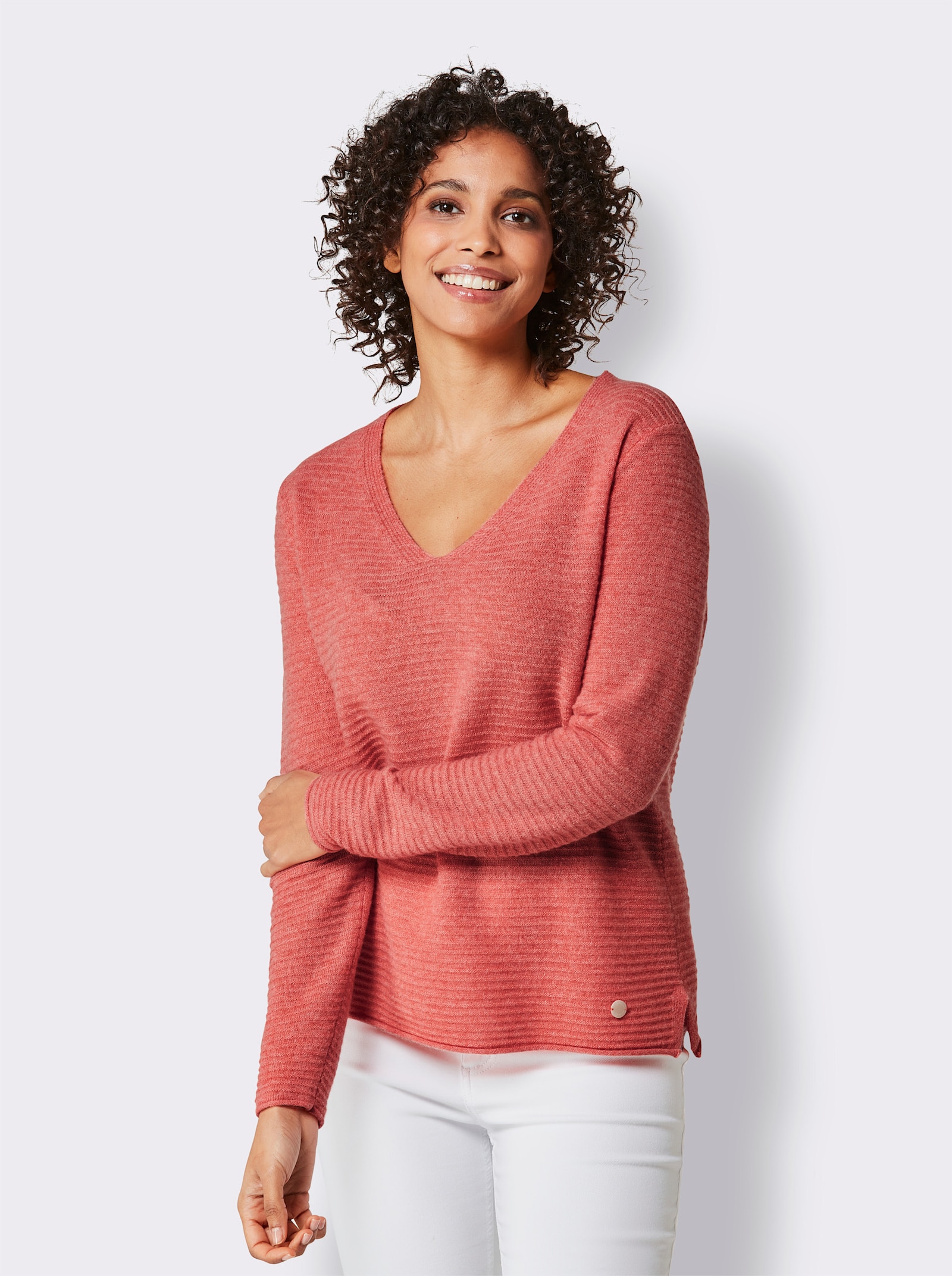 CREATION L PREMIUM Kaschmirpullover mit Seitenschlitzen - koralle