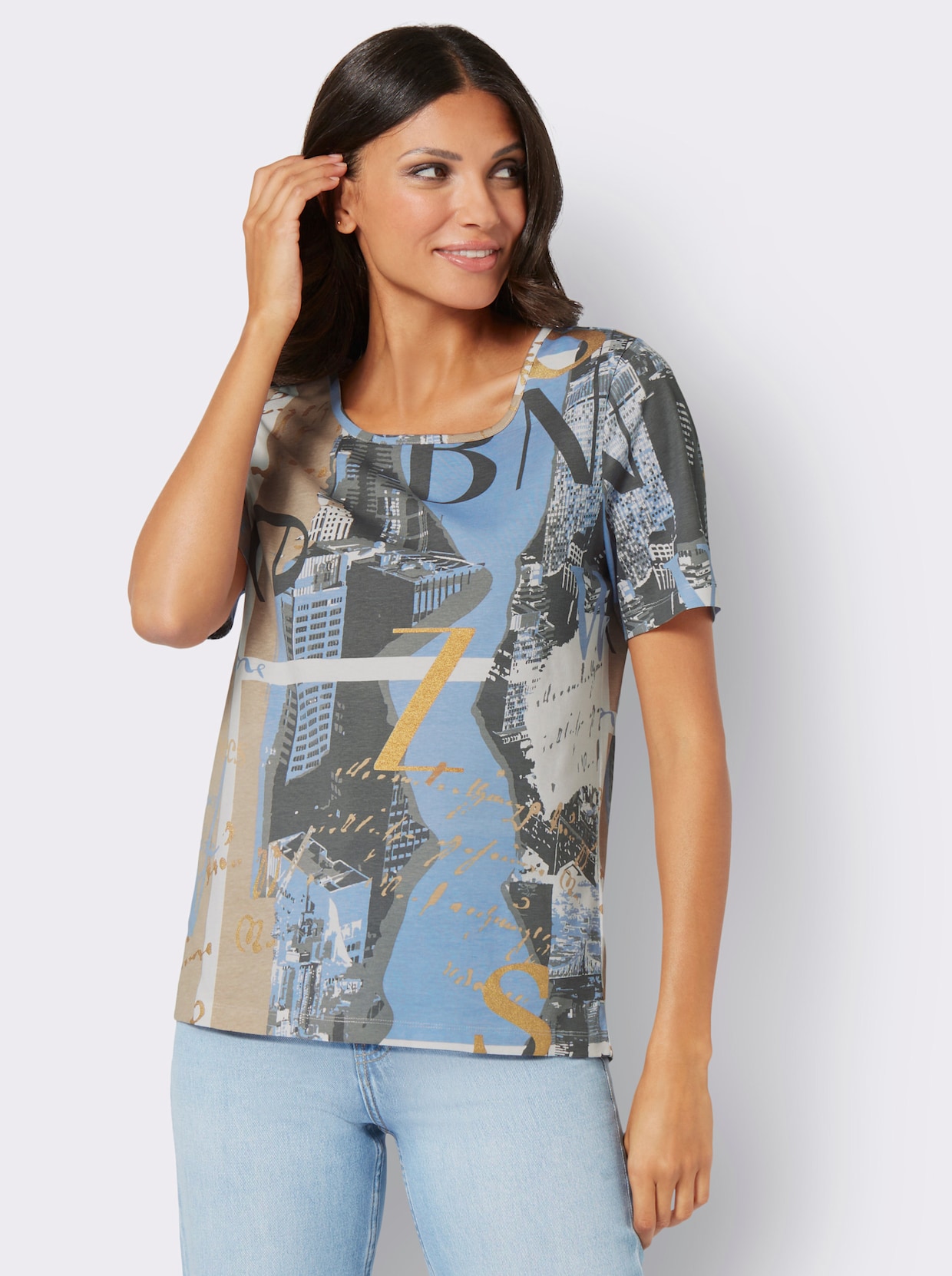 Shirt met ronde hals - ecru/bleu geprint