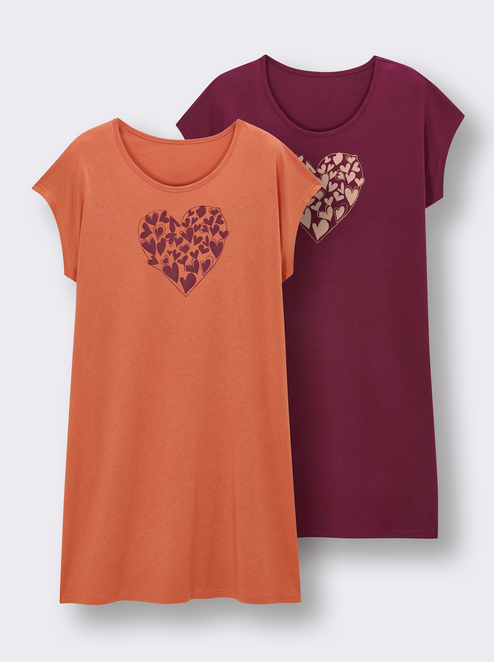 wäschepur Sleepshirts mit platziertem Druckmuster - bordeaux-bedruckt + papaya-bedruckt