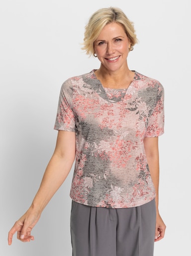 Kurzarmshirt im floralen Dessin - flamingo-grau-bedruckt