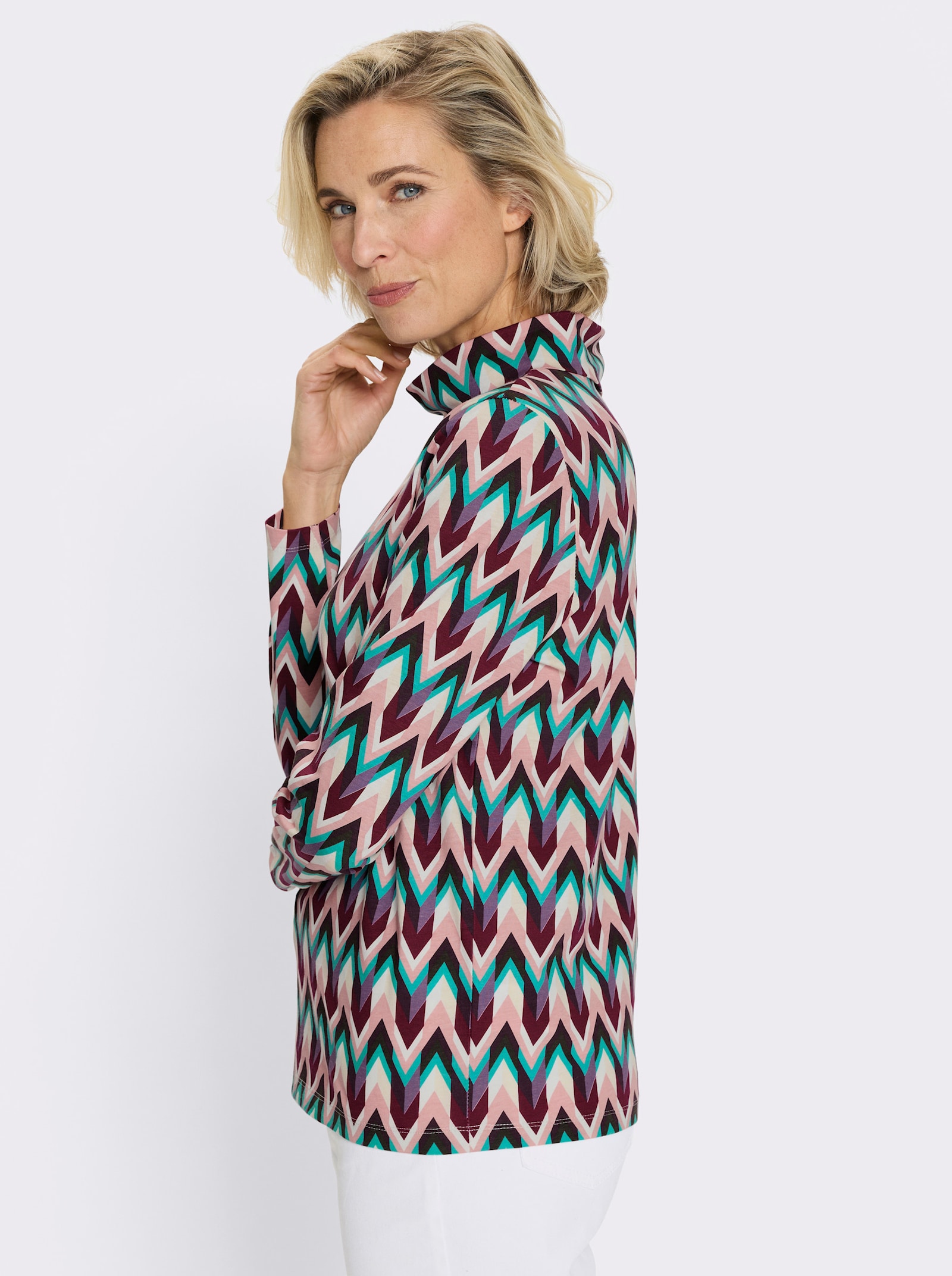 Rollkragenshirt aus reiner Baumwolle - ecru-bordeaux-bedruckt