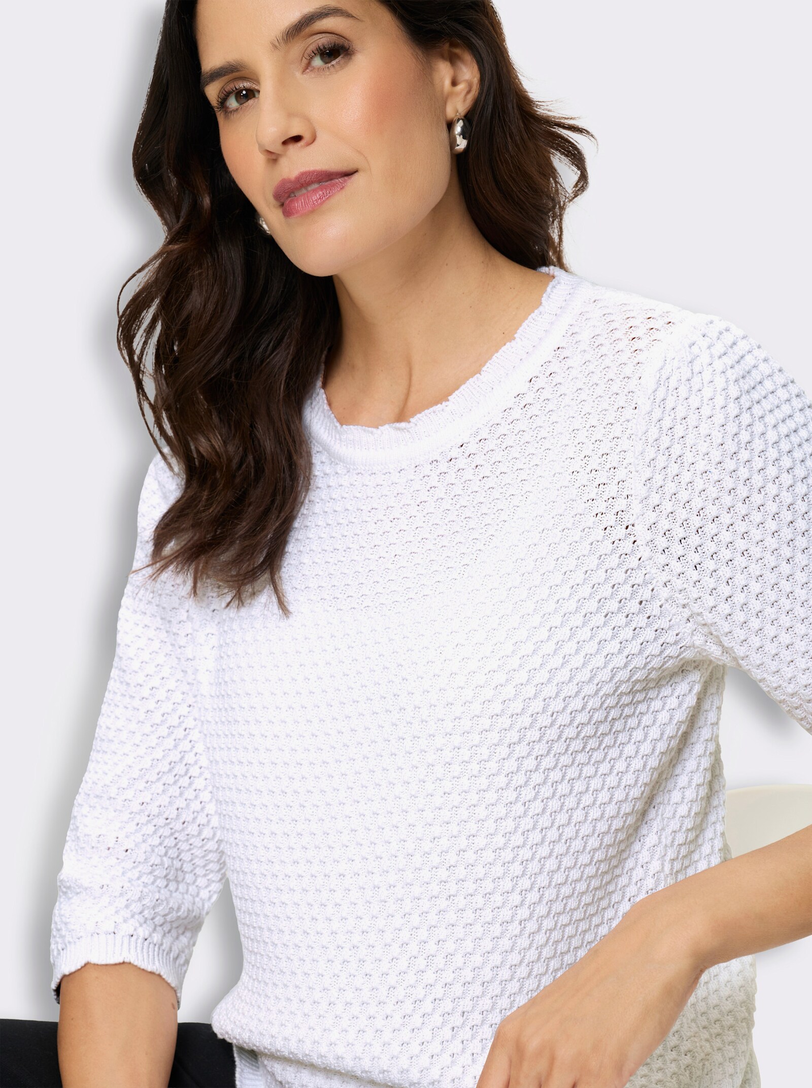 3/4-Arm-Pullover mit Struktur-Strickmuster - weiß