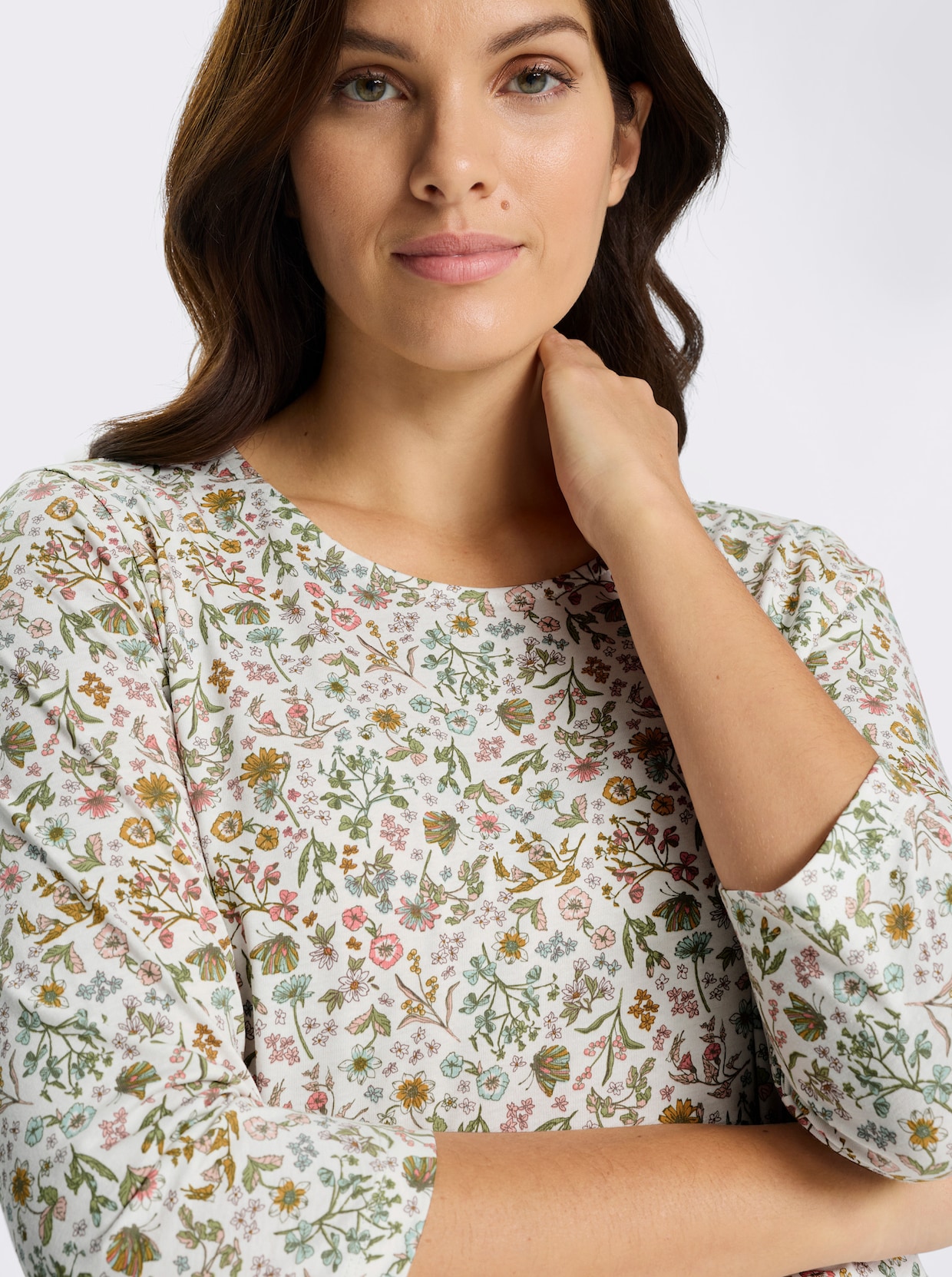 3/4-Arm-Shirt mit floralem Druck - ecru-khaki-bedruckt