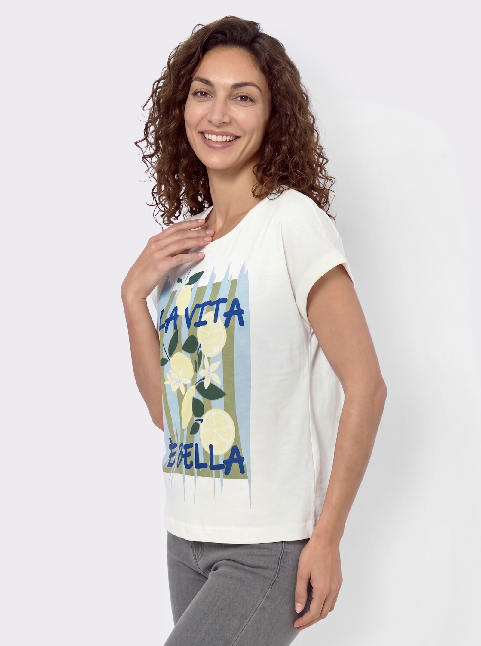 Shirt mit überschnittenen Schultern - ecru-royalblau-bedruckt