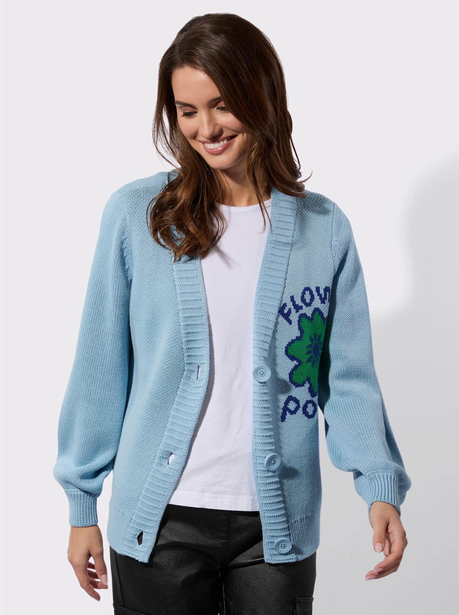 Strickjacke mit Flower Power-Motiv - eisblau