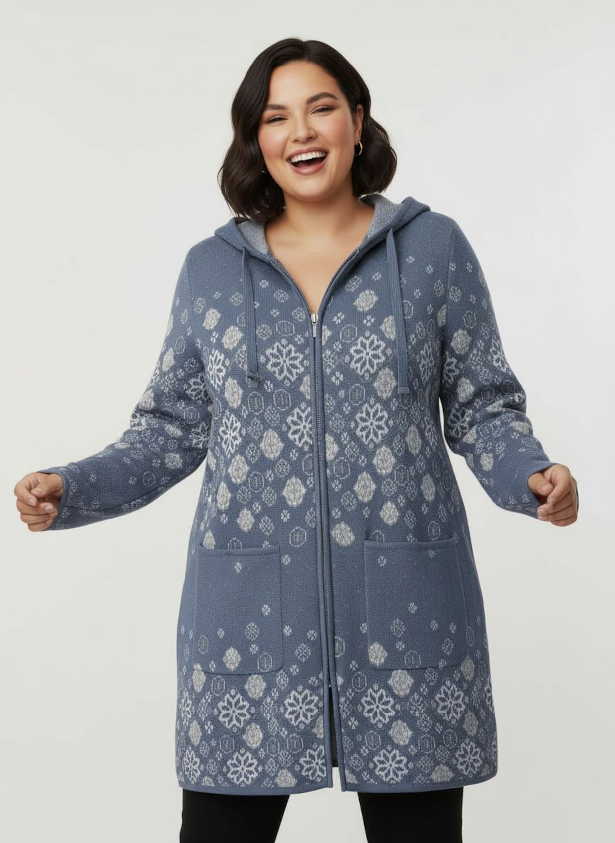 Longstrickjacke - rauchblau-gemustert