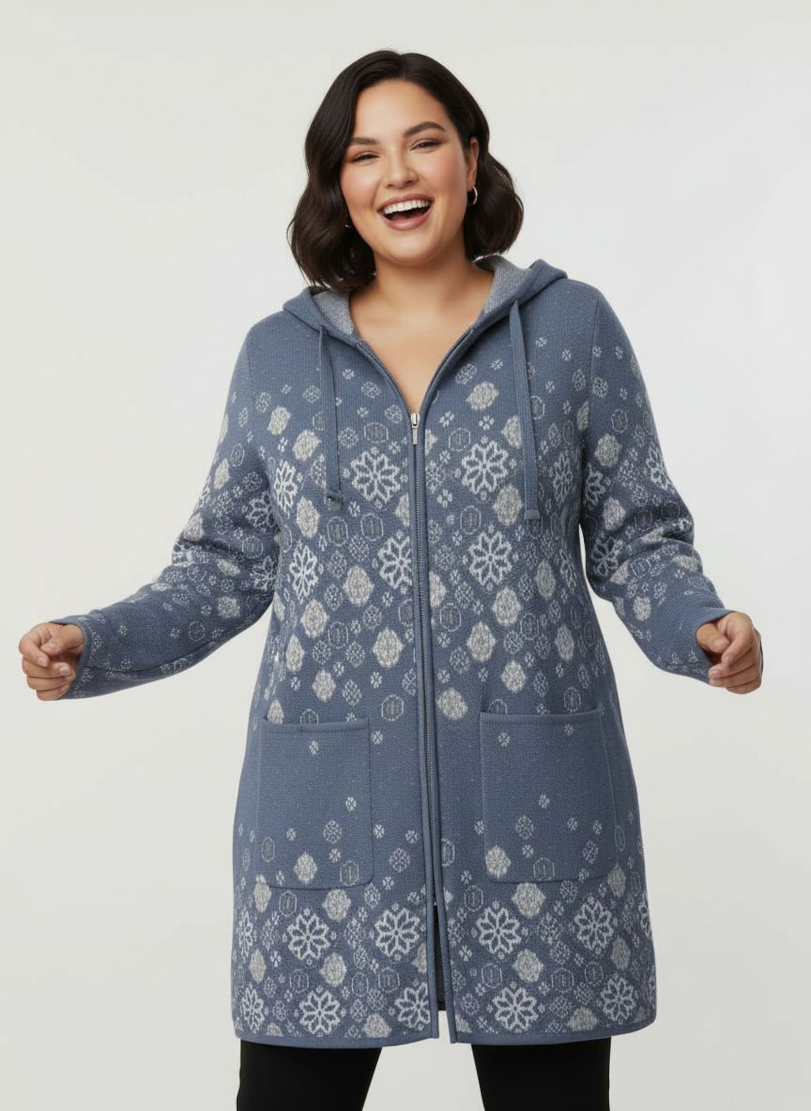 Longstrickjacke mit Jacquard-Strickmuster - rauchblau-gemustert