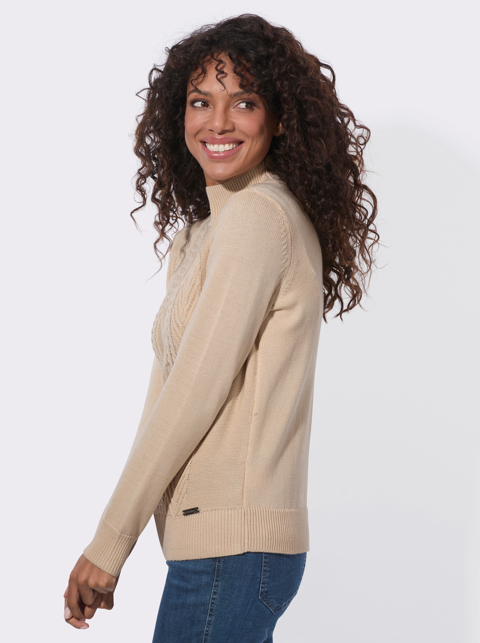 Stehkragenpullover mit Strickmuster - elfenbein