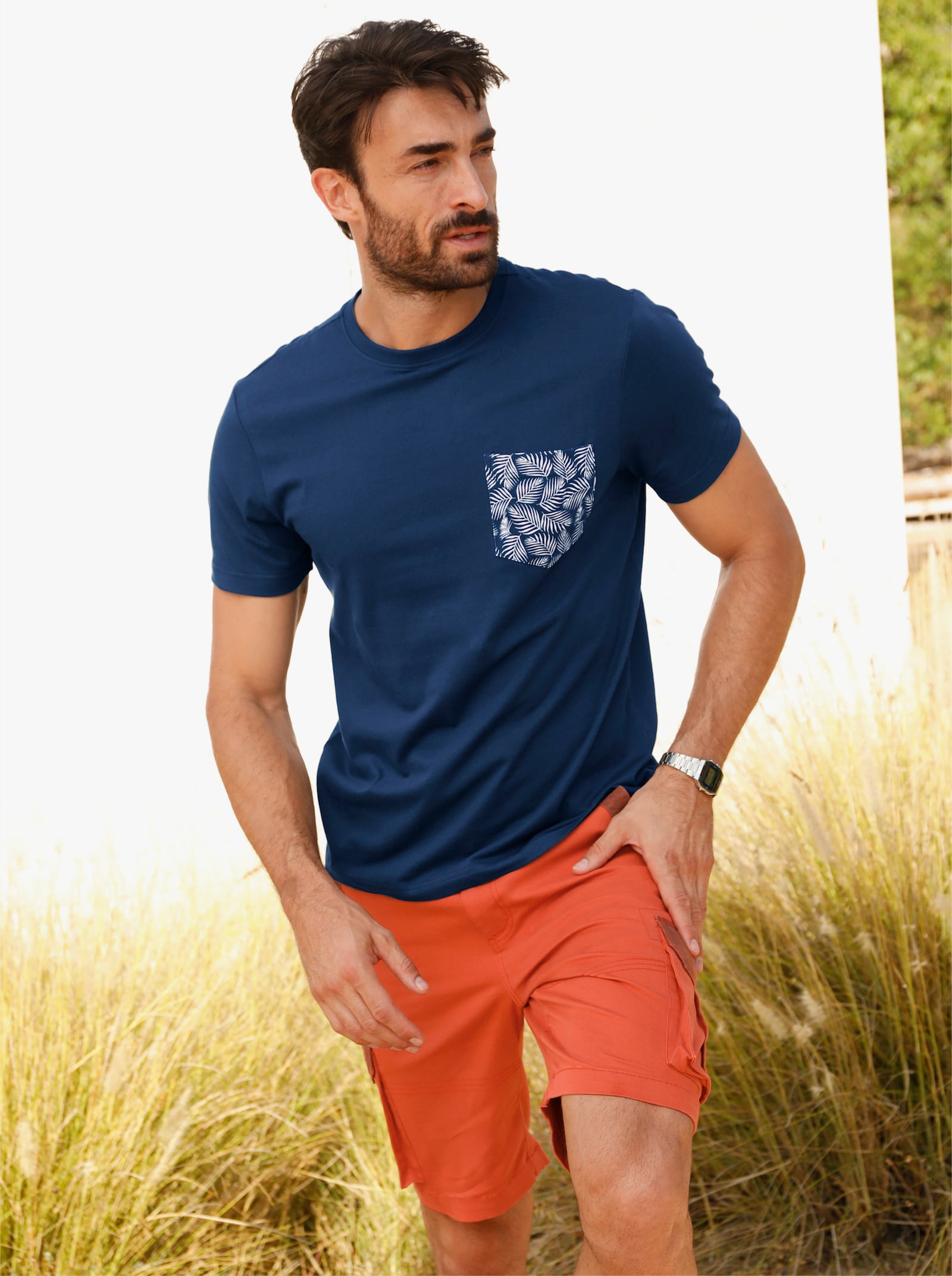 Catamaran Kurzarmshirt mit bedruckter Brusttasche - dunkelblau