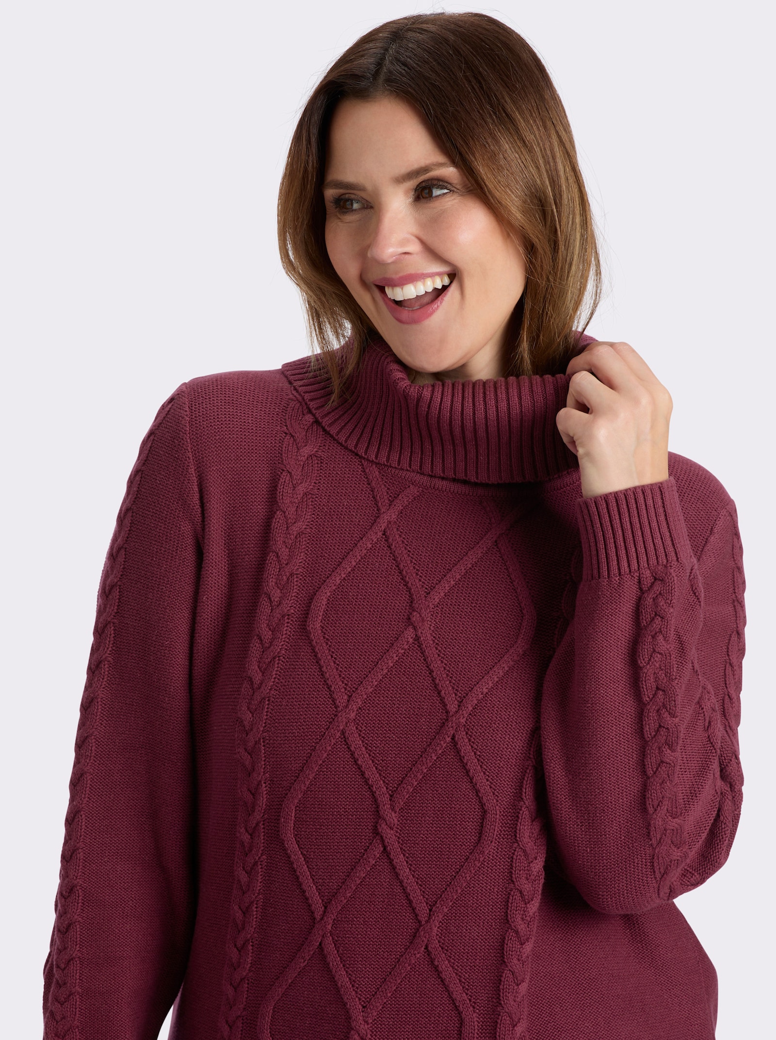 sheego Strickpullover mit Zopf- und Rautenmuster - bordeaux