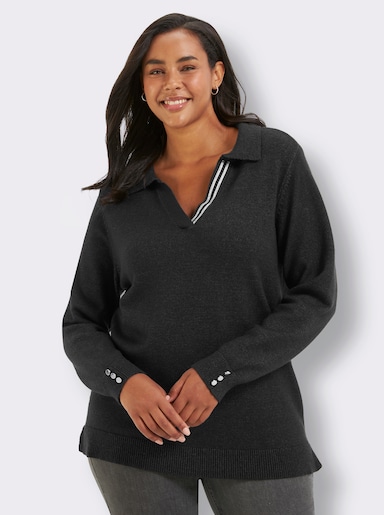 sheego Polopullover mit Seitenschlitzen - schwarz-anthrazit-meliert