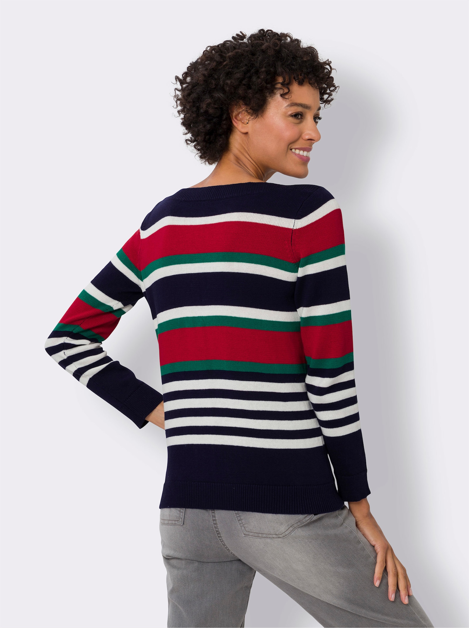 Pullover met lange mouwen en boothals - marine/rood gestreept