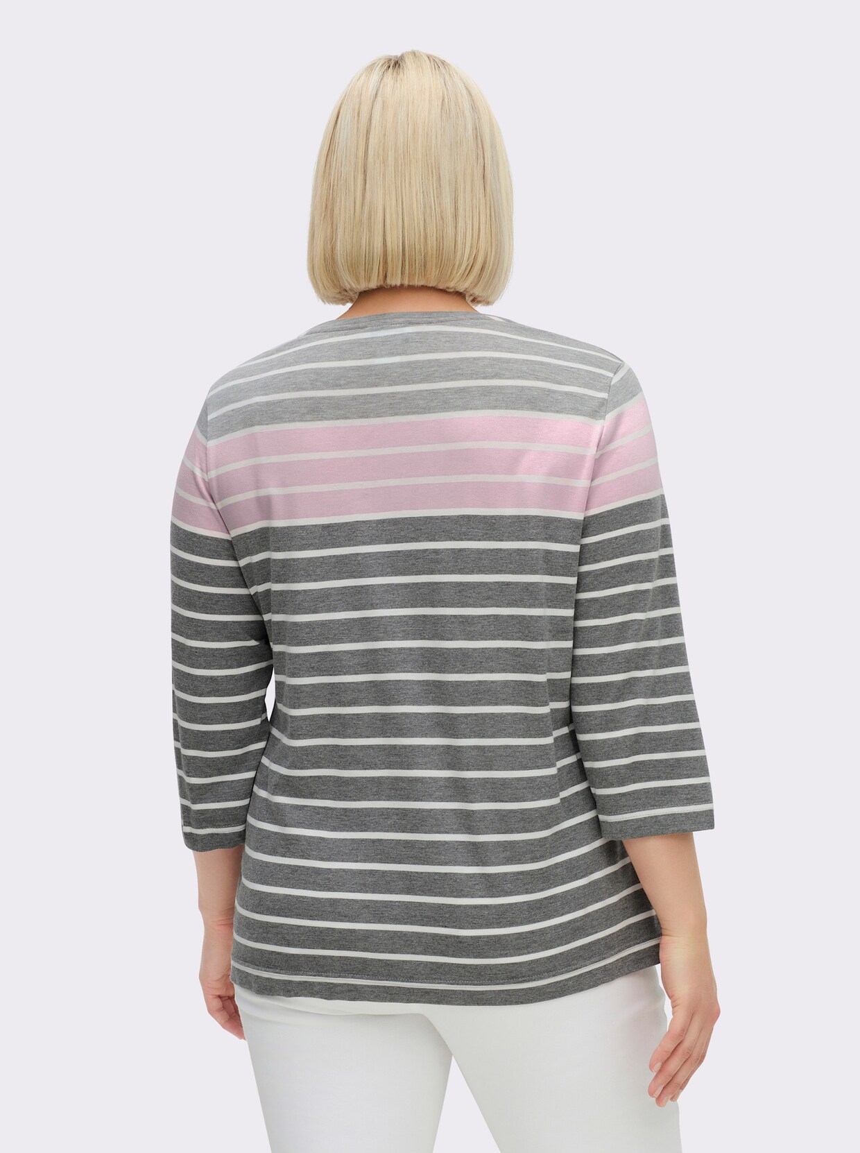 3/4-Arm-Shirt mit 2 imitierten Taschen - grau-rosé-gestreift