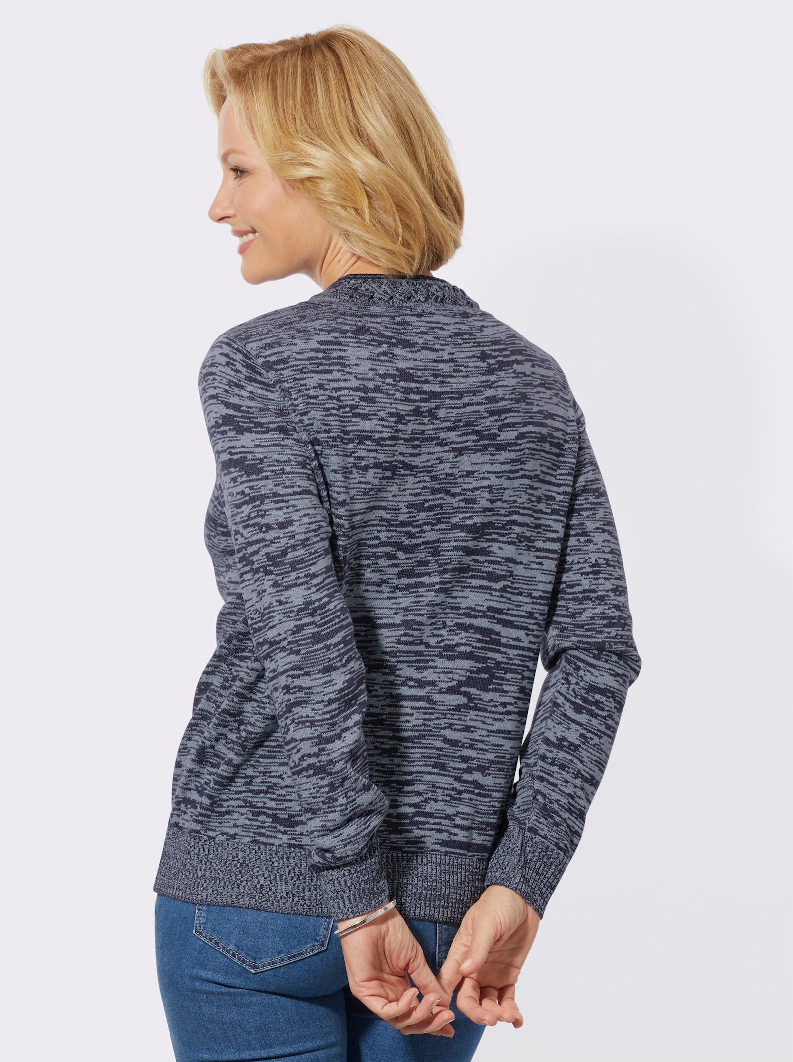 V-Ausschnitt-Pullover in Melange-Optik - eisblau-marine-meliert