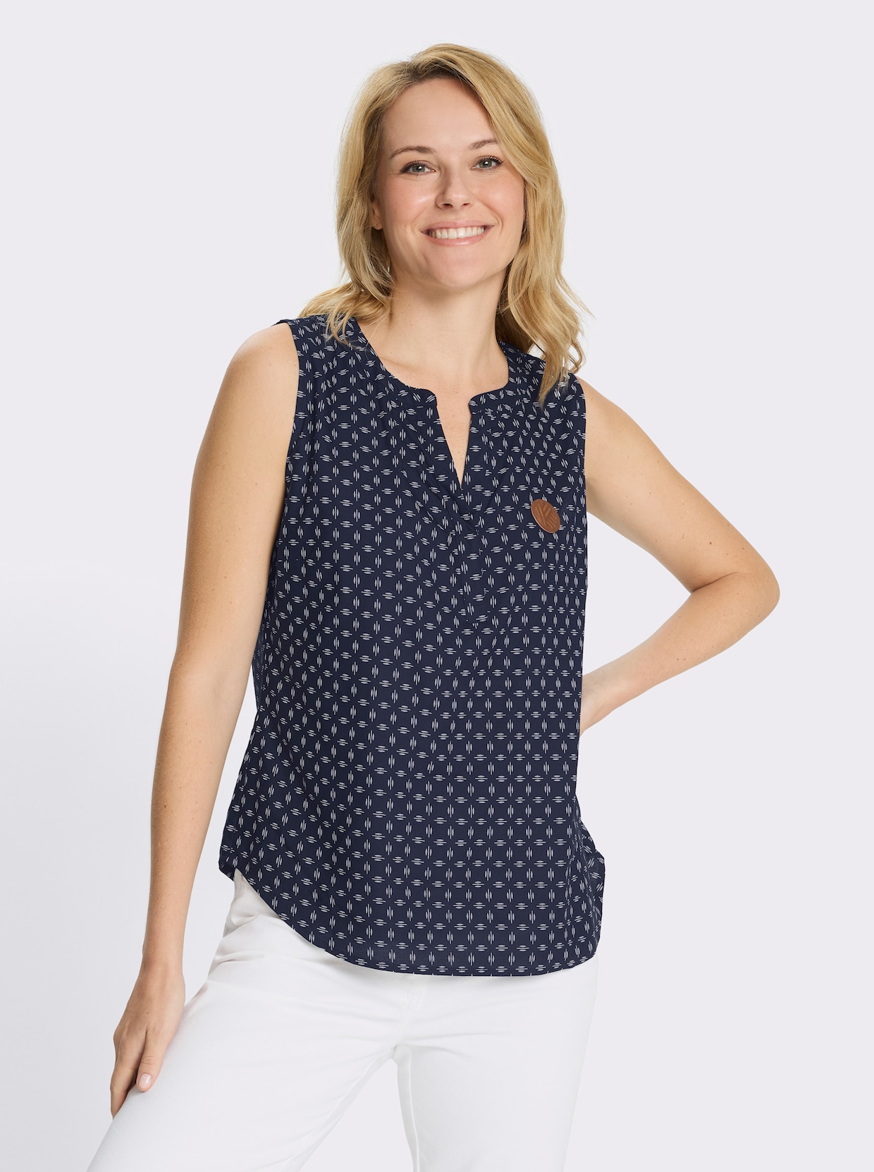 Blusentop aus weich fließender Viskose - marine-weiß-bedruckt